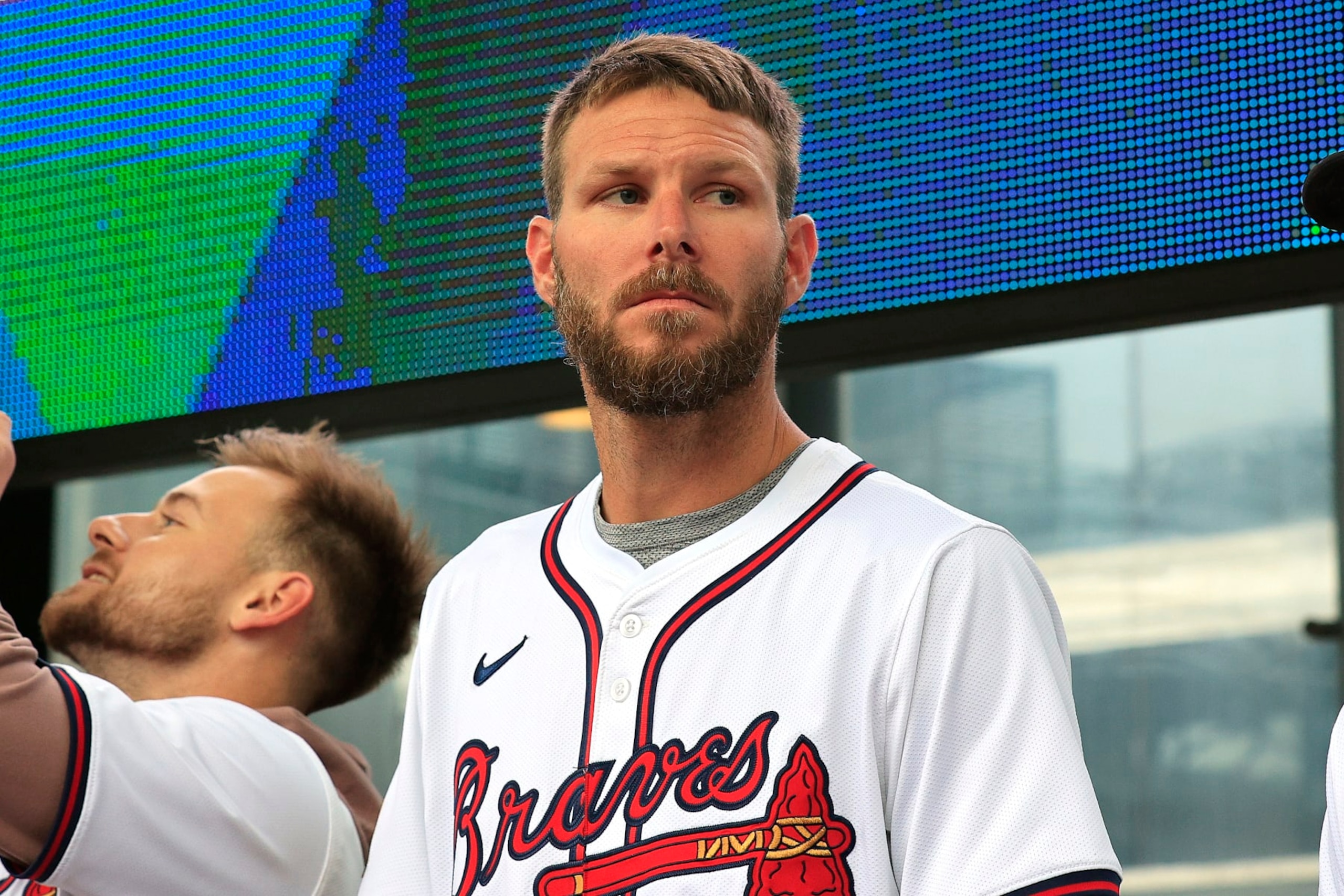 ATLANTA, GA - JANUARY 27: Newly acquired pitcher Chris Sale #51 looks on during the 2024 Braves Fest on January 27, 2024 at The  Battery and Truist Park in Atlanta, Georgia.   (Photo by David J. Griffin/Icon Sportswire via Getty Images)