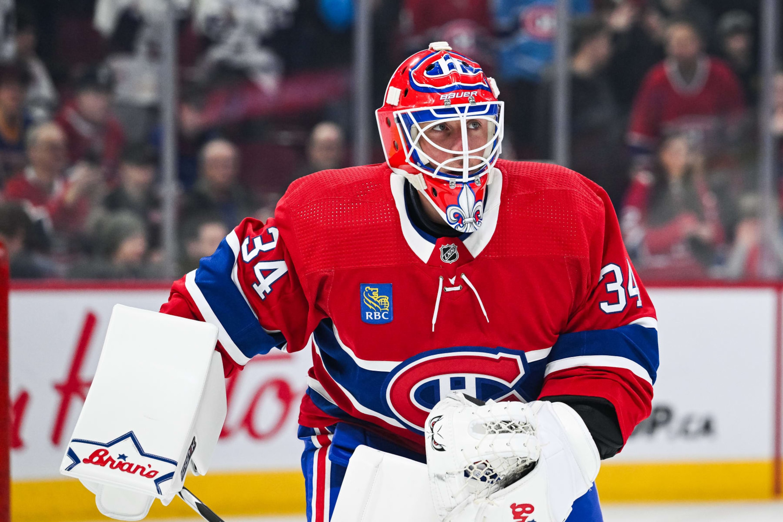 MONTREAL, QC - FEBRUARY 11: Look on Montreal Canadiens goalie Jake Allen (34) during warm-up before the St. Louis Blues versus the Montreal Canadiens game on February 11, 2024, at Bell Centre in Montreal, QC (Photo by David Kirouac/Icon Sportswire via Getty Images)