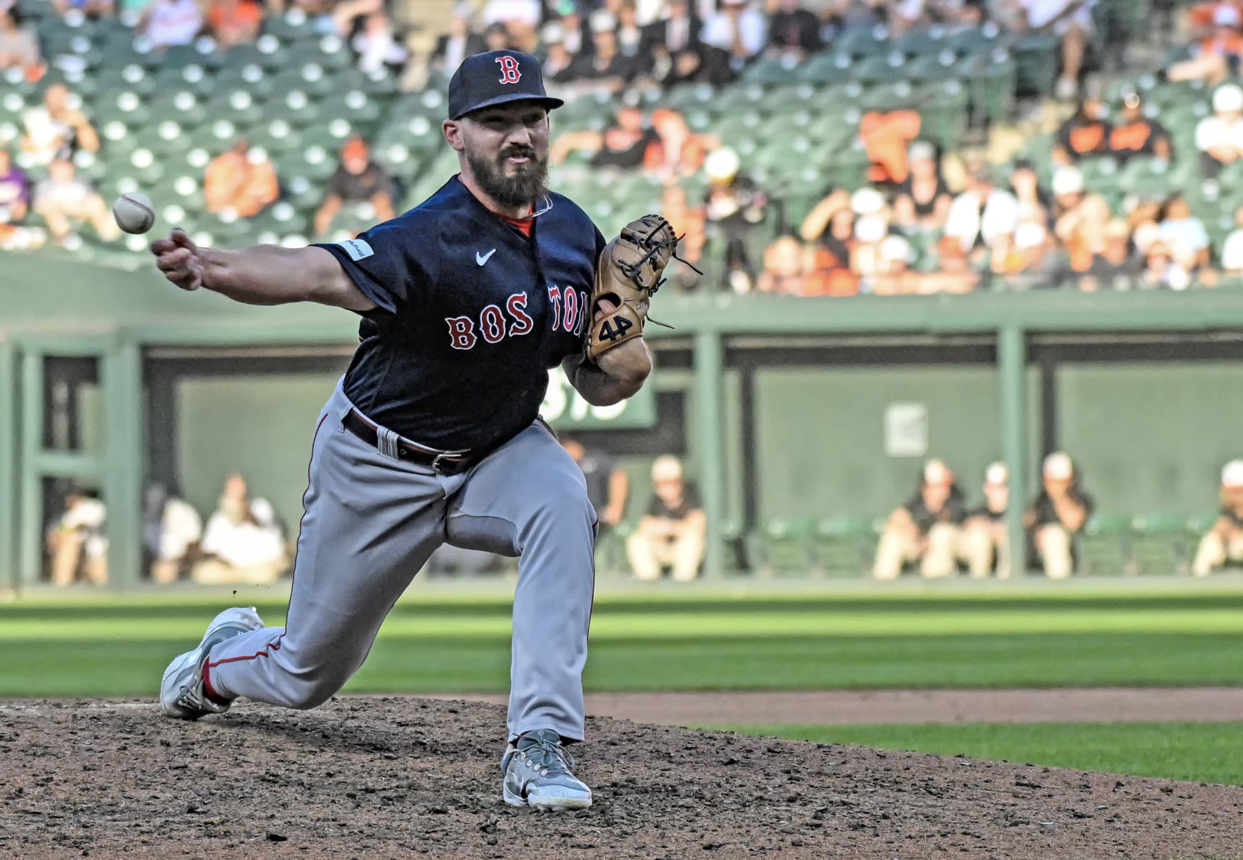BALTIMORE, MD - October 01: Boston Red Sox relief pitcher John Schreiber (46) pitches during the Boston Red Sox versus the Baltimore Orioles on October 1, 2023 at Oriole Park at Camden Yards in Baltimore, MD.  (Photo by Mark Goldman/Icon Sportswire via Getty Images)