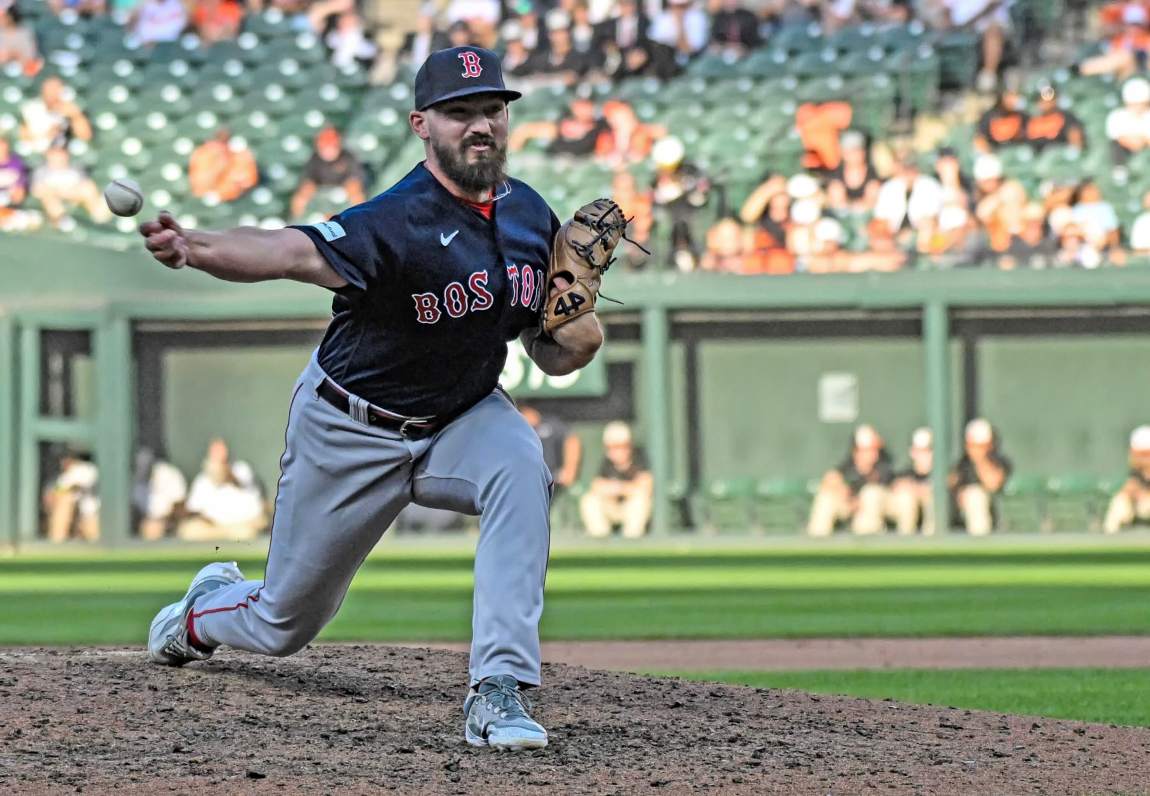 BALTIMORE, MD - October 01: Boston Red Sox relief pitcher John Schreiber (46) pitches during the Boston Red Sox versus the Baltimore Orioles on October 1, 2023 at Oriole Park at Camden Yards in Baltimore, MD. (Photo by Mark Goldman/Icon Sportswire via Getty Images) BALTIMORE, MD - October 01: Boston Red Sox relief pitcher John Schreiber (46) pitches during the Boston Red Sox versus the Baltimore Orioles on October 1, 2023 at Oriole Park at Camden Yards in Baltimore, MD. (Photo by Mark Goldman/Icon Sportswire via Getty Images)
