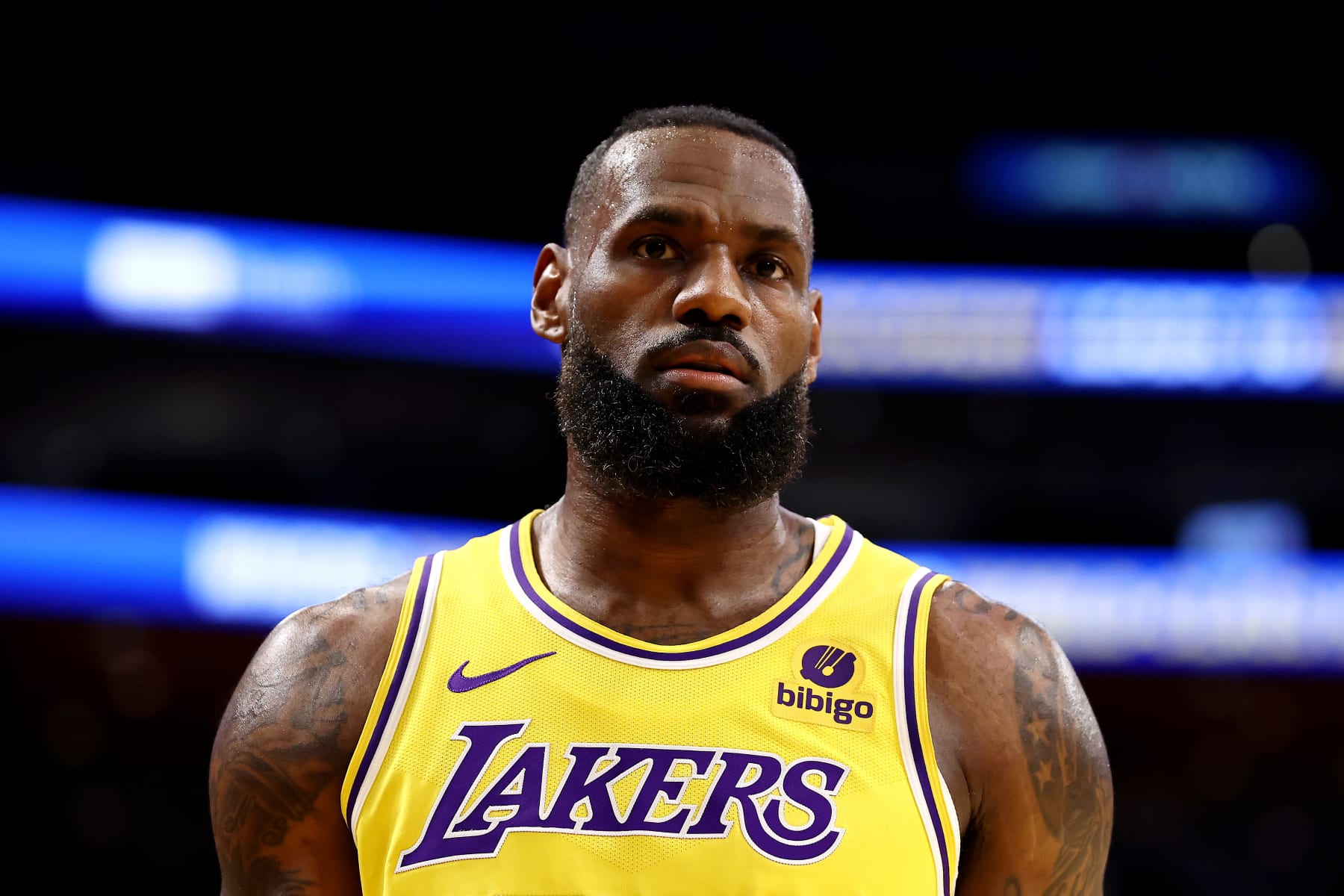 LOS ANGELES, CALIFORNIA - FEBRUARY 13: LeBron James #23 of the Los Angeles Lakers looks on during the first quarter against the Detroit Pistons at Crypto.com Arena on February 13, 2024 in Los Angeles, California. NOTE TO USER: User expressly acknowledges and agrees that, by downloading and or using this photograph, user is consenting to the terms and conditions of the Getty Images License Agreement.  (Photo by Katelyn Mulcahy/Getty Images)