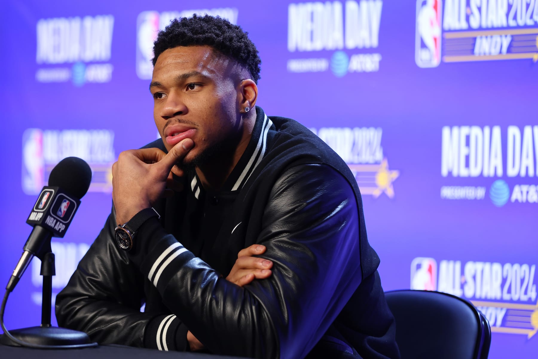 INDIANAPOLIS, INDIANA - FEBRUARY 17: Giannis Antetokounmpo #34 of the Milwaukee Bucks speaks with the media at Gainbridge Fieldhouse on February 17, 2024 in Indianapolis, Indiana. NOTE TO USER: User expressly acknowledges and agrees that, by downloading and or using this photograph, User is consenting to the terms and conditions of the Getty Images License Agreement. (Photo by Stacy Revere/Getty Images)
