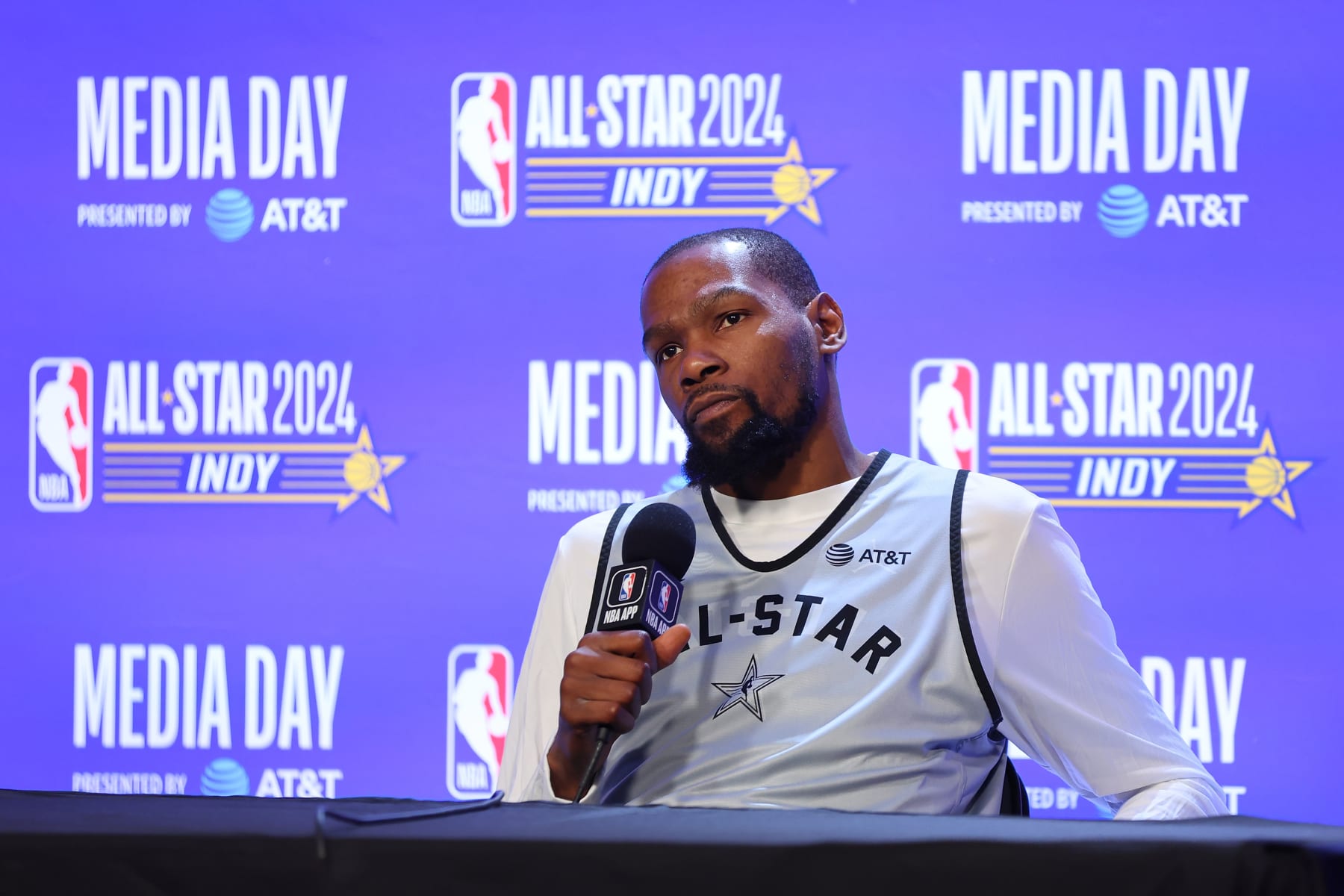 INDIANAPOLIS, INDIANA - FEBRUARY 17: Kevin Durant #35 of the Phoenix Suns speaks with the media at Gainbridge Fieldhouse on February 17, 2024 in Indianapolis, Indiana. NOTE TO USER: User expressly acknowledges and agrees that, by downloading and or using this photograph, User is consenting to the terms and conditions of the Getty Images License Agreement. (Photo by Stacy Revere/Getty Images)