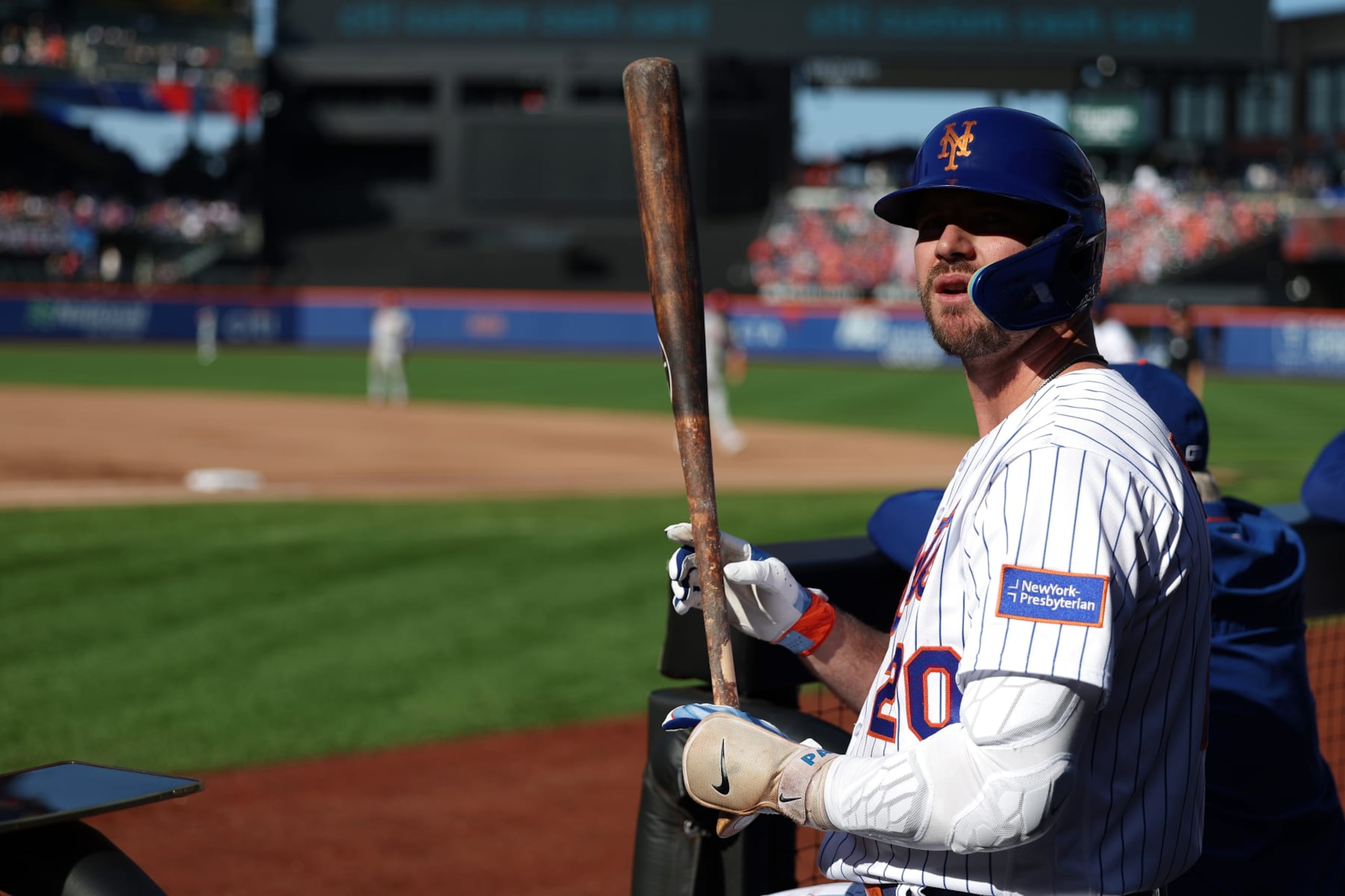 NEW YORK, NEW YORK - OCTOBER 01:  Pete Alonso #20 of the New York Mets looks on from the dugout against the Philadelphia Phillies during their game at Citi Field on October 01, 2023 in New York City.  (Photo by Al Bello/Getty Images)