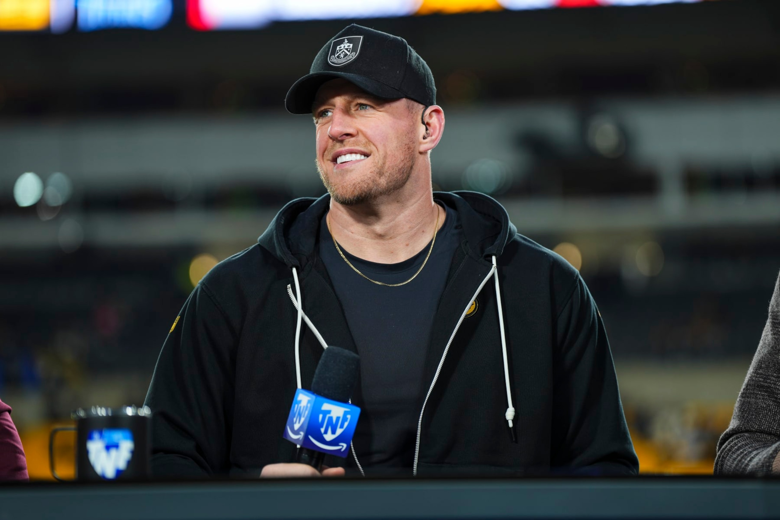 PITTSBURGH, PA - NOVEMBER 02: Former NFL player J.J. Watt visits on set of the Amazon Prime TNF pregame show prior to an NFL football game between the Tennessee Titans and the Pittsburgh Steelers at Acrisure Stadium on November 2, 2023 in Pittsburgh, Pennsylvania. (Photo by Cooper Neill/Getty Images) PITTSBURGH, PA - NOVEMBER 02: Former NFL player J.J. Watt visits on set of the Amazon Prime TNF pregame show prior to an NFL football game between the Tennessee Titans and the Pittsburgh Steelers at Acrisure Stadium on November 2, 2023 in Pittsburgh, Pennsylvania. (Photo by Cooper Neill/Getty Images)