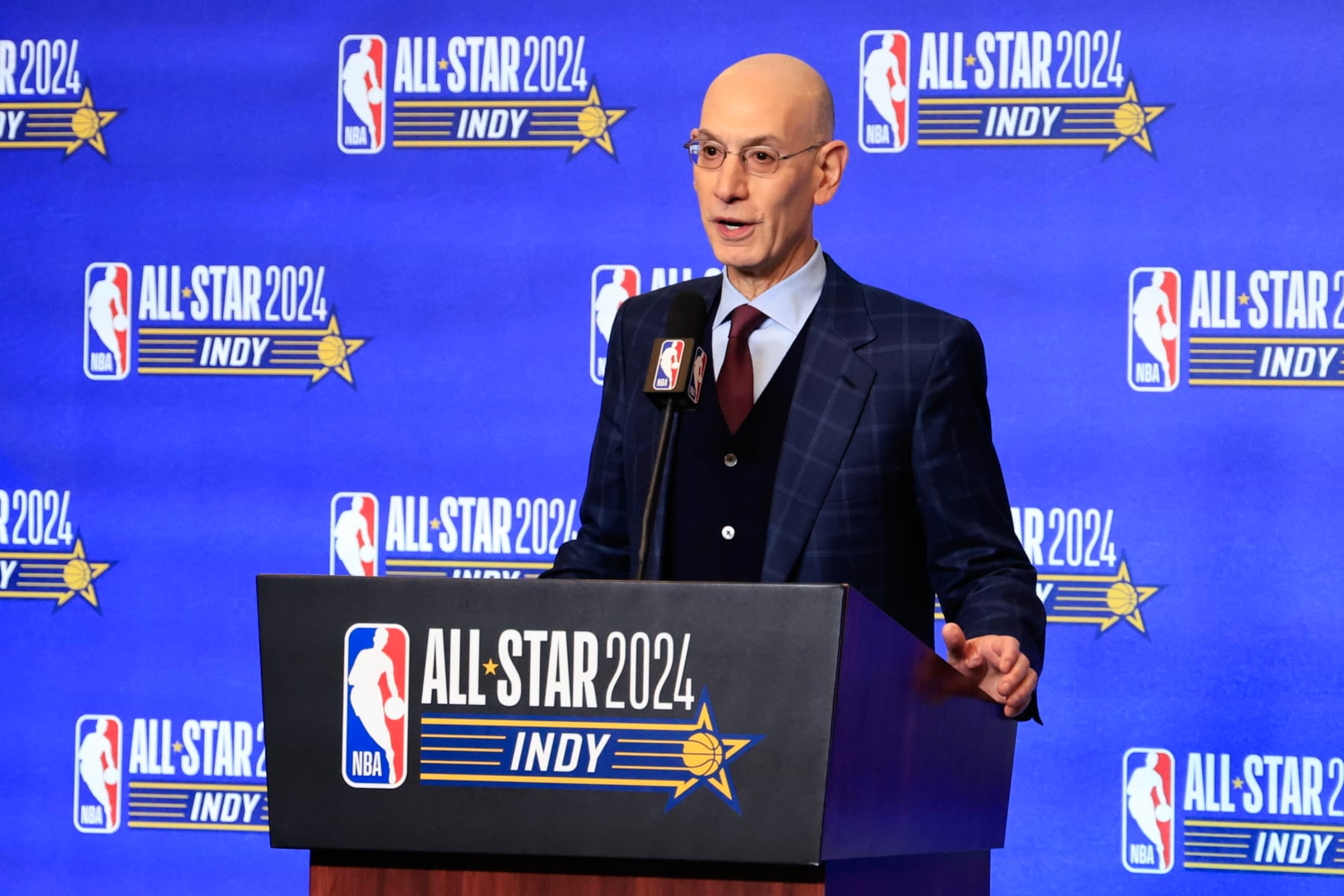 INDIANAPOLIS, INDIANA - FEBRUARY 17: NBA Commissioner Adam Silver speaks to the media at Lucas Oil Stadium on February 17, 2024 in Indianapolis, Indiana. NOTE TO USER: User expressly acknowledges and agrees that, by downloading and or using this photograph, User is consenting to the terms and conditions of the Getty Images License Agreement. (Photo by Justin Casterline/Getty Images) INDIANAPOLIS, INDIANA - FEBRUARY 17: NBA Commissioner Adam Silver speaks to the media at Lucas Oil Stadium on February 17, 2024 in Indianapolis, Indiana. NOTE TO USER: User expressly acknowledges and agrees that, by downloading and or using this photograph, User is consenting to the terms and conditions of the Getty Images License Agreement. (Photo by Justin Casterline/Getty Images)