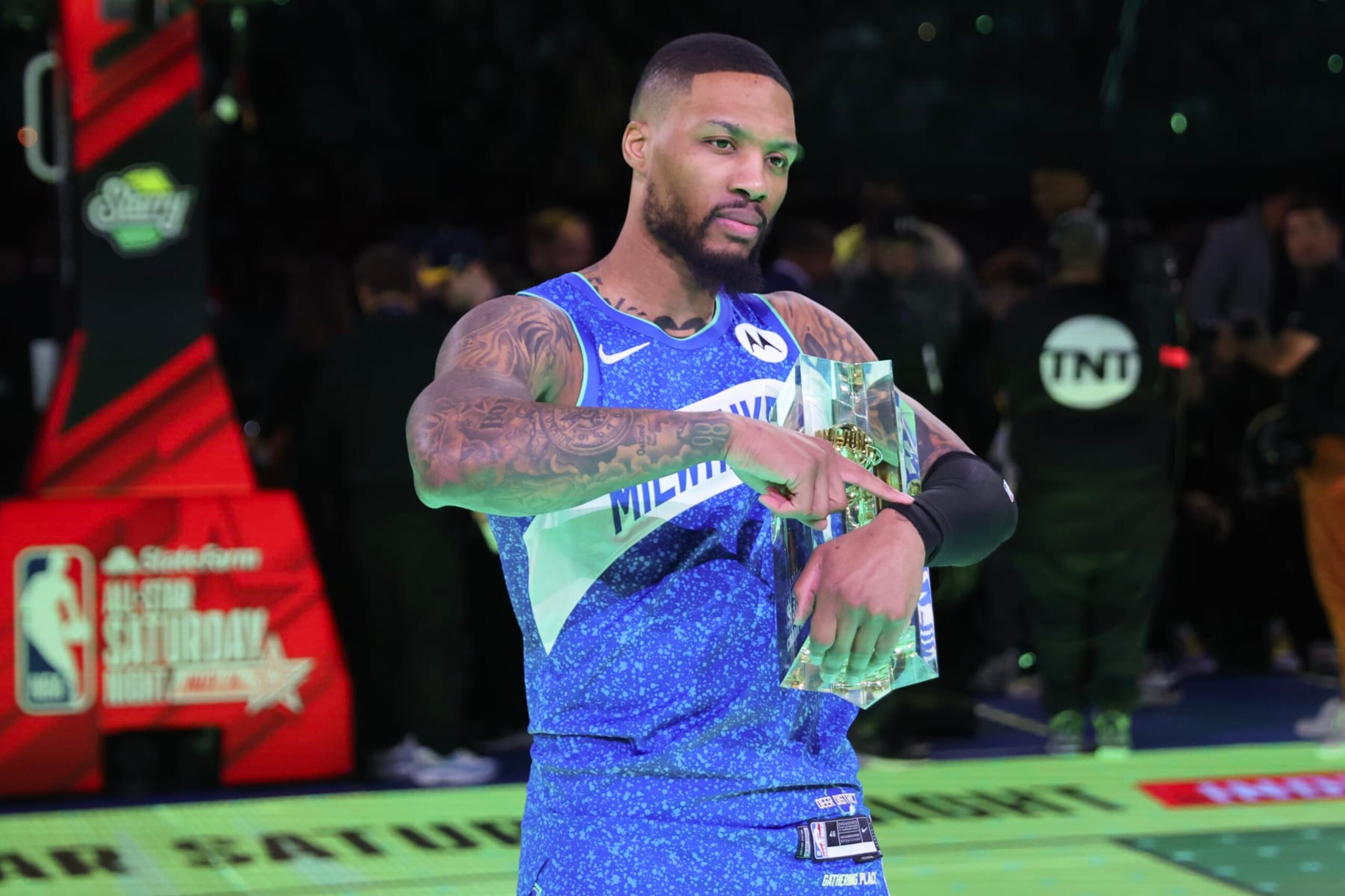 INDIANAPOLIS, INDIANA - FEBRUARY 17: Damian Lillard #0 of the Milwaukee Bucks celebrates after winning the 2024 Starry 3-Point Contest during the State Farm All-Star Saturday Night at Lucas Oil Stadium on February 17, 2024 in Indianapolis, Indiana. NOTE TO USER: User expressly acknowledges and agrees that, by downloading and or using this photograph, User is consenting to the terms and conditions of the Getty Images License Agreement. (Photo by Stacy Revere/Getty Images) INDIANAPOLIS, INDIANA - FEBRUARY 17: Damian Lillard #0 of the Milwaukee Bucks celebrates after winning the 2024 Starry 3-Point Contest during the State Farm All-Star Saturday Night at Lucas Oil Stadium on February 17, 2024 in Indianapolis, Indiana. NOTE TO USER: User expressly acknowledges and agrees that, by downloading and or using this photograph, User is consenting to the terms and conditions of the Getty Images License Agreement. (Photo by Stacy Revere/Getty Images)