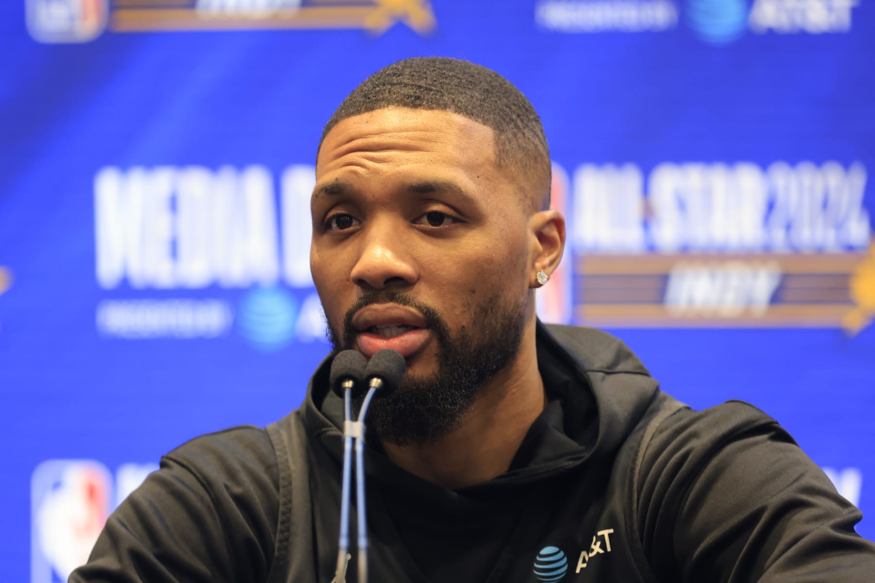 INDIANAPOLIS, INDIANA - FEBRUARY 17: Damian Lillard #0 of the Milwaukee Bucks speaks to the Media at Gainbridge Fieldhouse on February 17, 2024 in Indianapolis, Indiana. NOTE TO USER: User expressly acknowledges and agrees that, by downloading and or using this photograph, User is consenting to the terms and conditions of the Getty Images License Agreement. (Photo by Justin Casterline/Getty Images)