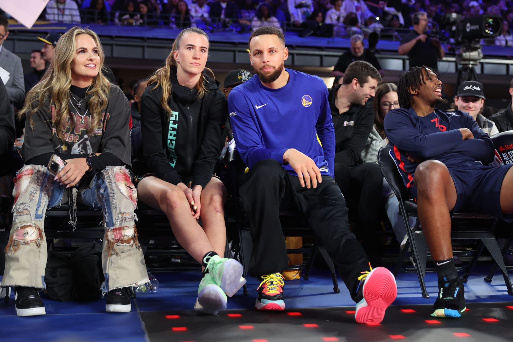 INDIANAPOLIS, IN - FEBRUARY 17: Sabrina Ionescu #20 of the New York Liberty and Stephen Curry #30 of the Golden State Warriors look on during the KIA Skills Challenge as a part of State Farm All-Star Saturday Night on Saturday, February 17, 2024 at Lucas Oil Stadium in Indianapolis, Indiana. NOTE TO USER: User expressly acknowledges and agrees that, by downloading and/or using this Photograph, user is consenting to the terms and conditions of the Getty Images License Agreement. Mandatory Copyright Notice: Copyright 2024 NBAE (Photo by Nathaniel S. Butler/NBAE via Getty Images)