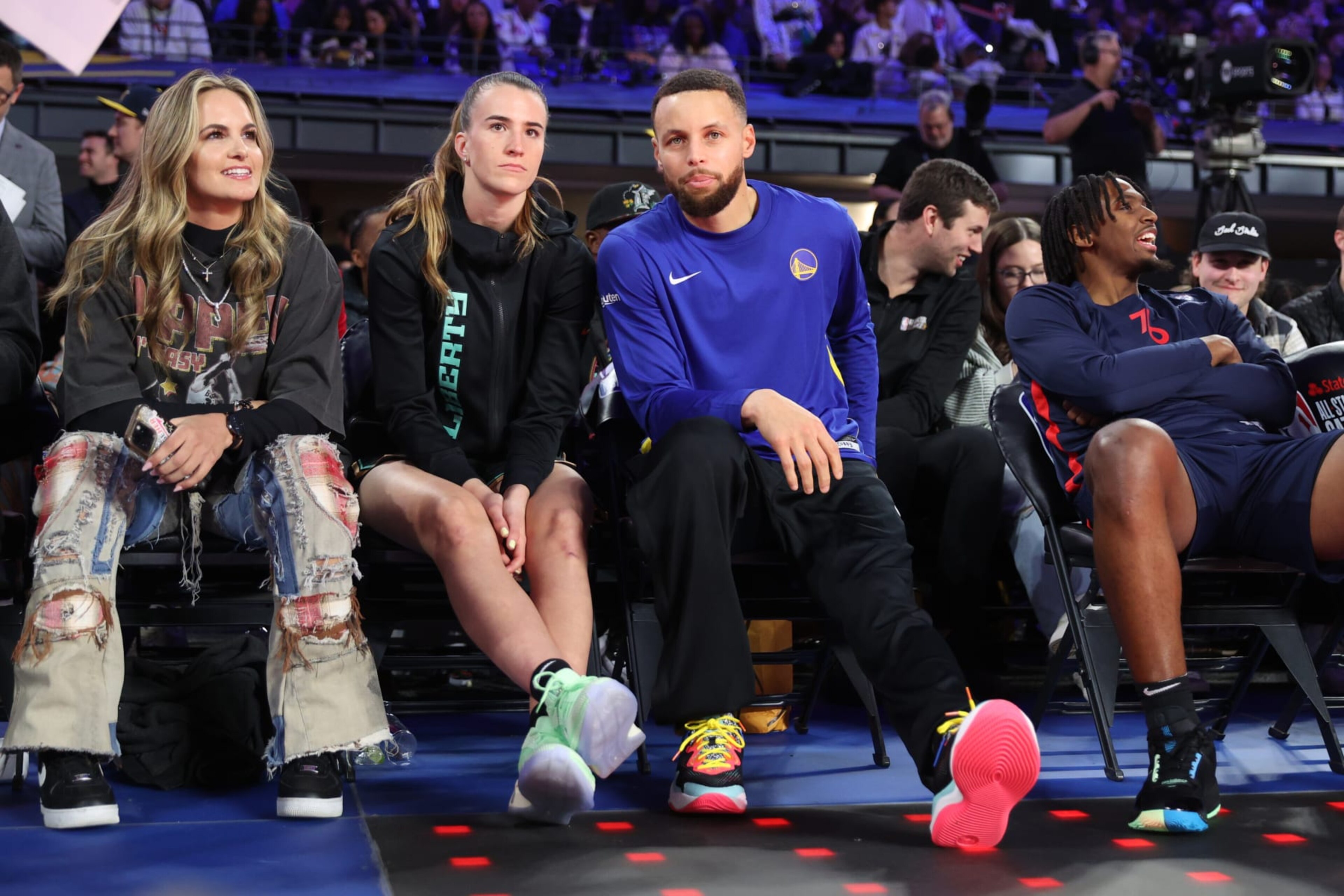 INDIANAPOLIS, IN - FEBRUARY 17: Sabrina Ionescu #20 of the New York Liberty and Stephen Curry #30 of the Golden State Warriors look on during the KIA Skills Challenge as a part of State Farm All-Star Saturday Night on Saturday, February 17, 2024 at Lucas Oil Stadium in Indianapolis, Indiana. NOTE TO USER: User expressly acknowledges and agrees that, by downloading and/or using this Photograph, user is consenting to the terms and conditions of the Getty Images License Agreement. Mandatory Copyright Notice: Copyright 2024 NBAE (Photo by Nathaniel S. Butler/NBAE via Getty Images) INDIANAPOLIS, IN - FEBRUARY 17: Sabrina Ionescu #20 of the New York Liberty and Stephen Curry #30 of the Golden State Warriors look on during the KIA Skills Challenge as a part of State Farm All-Star Saturday Night on Saturday, February 17, 2024 at Lucas Oil Stadium in Indianapolis, Indiana. NOTE TO USER: User expressly acknowledges and agrees that, by downloading and/or using this Photograph, user is consenting to the terms and conditions of the Getty Images License Agreement. Mandatory Copyright Notice: Copyright 2024 NBAE (Photo by Nathaniel S. Butler/NBAE via Getty Images)