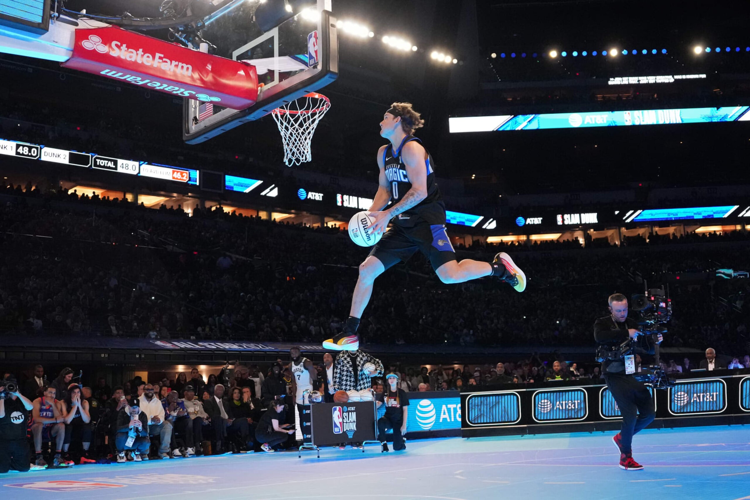 INDIANAPOLIS, IN - FEBRUARY 17: Mac McClung #0 of the Osceola Magic dunks the ball during the AT&T Slam Dunk Contest as part of State Farm All-Star Saturday Night on Saturday, February 17, 2024 at Lucas Oil Stadium in Indianapolis, Indiana. NOTE TO USER: User expressly acknowledges and agrees that, by downloading and/or using this Photograph, user is consenting to the terms and conditions of the Getty Images License Agreement. Mandatory Copyright Notice: Copyright 2024 NBAE (Photo by Jesse D. Garrabrant/NBAE via Getty Images)