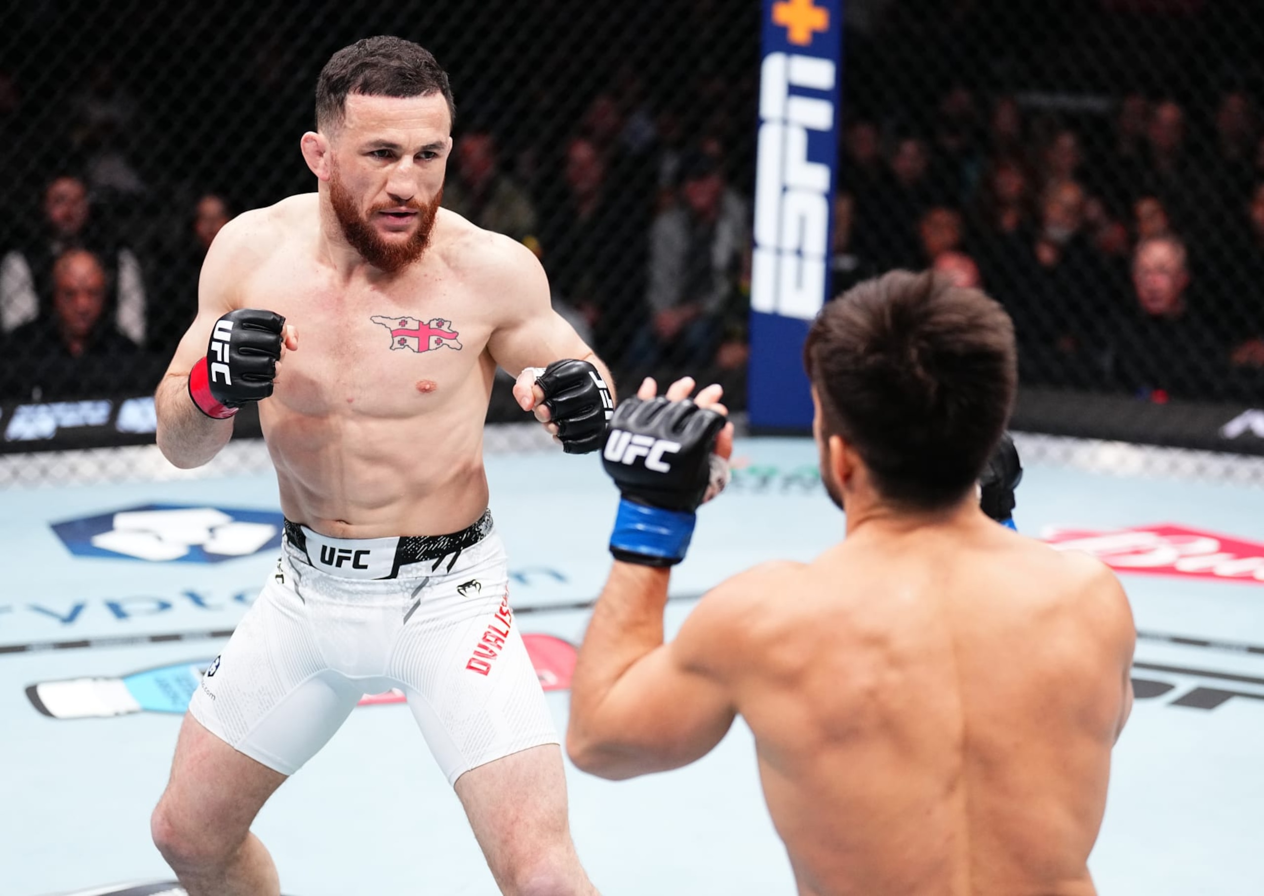 ANAHEIM, CALIFORNIA - FEBRUARY 17: (L-R) Merab Dvalishvili of Georgia battles Henry Cejudo in a bantamweight fight during the UFC 298 event at Honda Center on February 17, 2024 in Anaheim, California. (Photo by Chris Unger/Zuffa LLC via Getty Images)