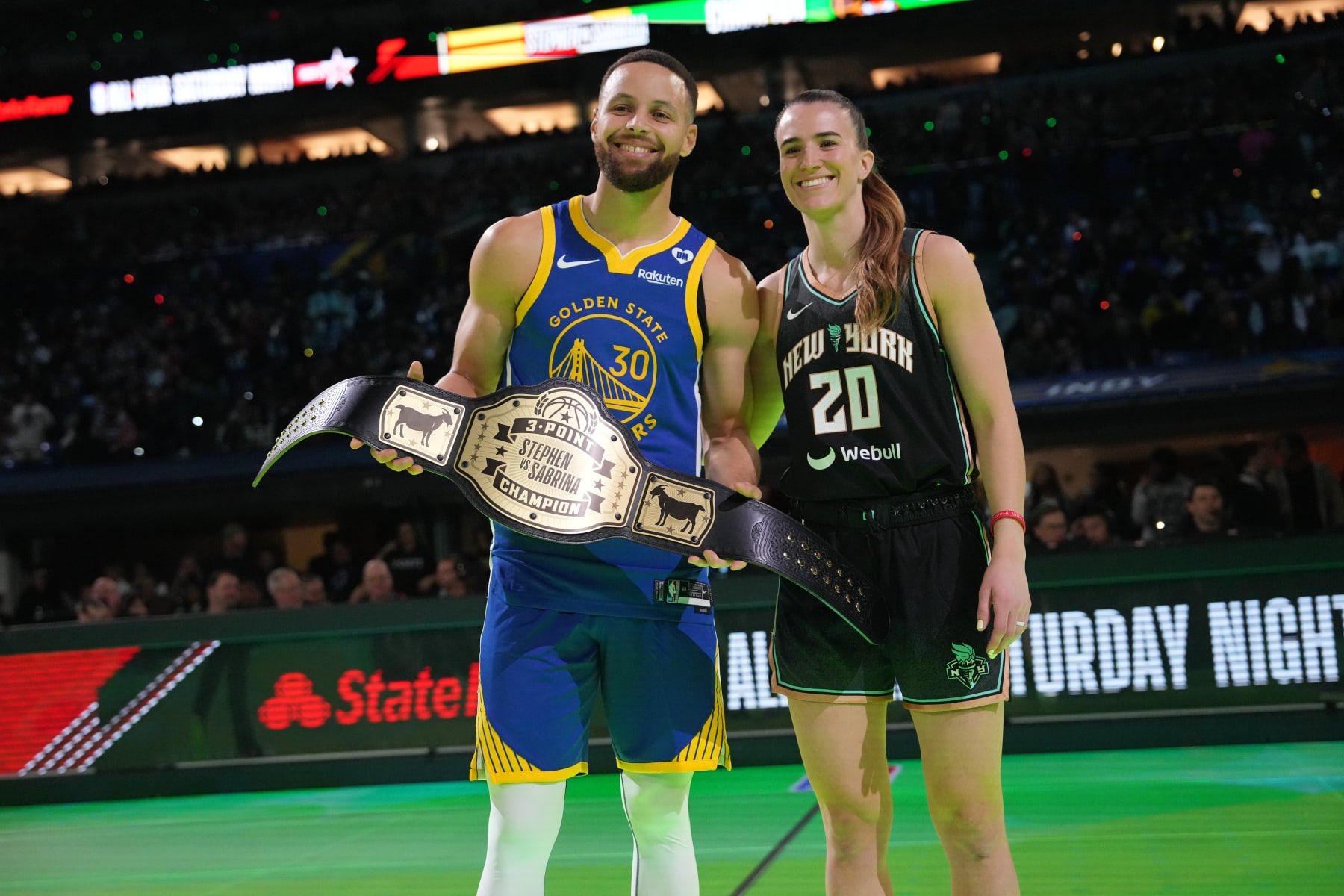 INDIANAPOLIS, IN - FEBRUARY 17: Stephen Curry #30 of the Golden State Warriors and Sabrina Ionescu #20 of the New York Liberty pose for a photo after the Stephen vs. Sabrina 3-Point Challenge as a part of State Farm All-Star Saturday Night on Saturday, February 17, 2024 at Lucas Oil Stadium in Indianapolis, Indiana. NOTE TO USER: User expressly acknowledges and agrees that, by downloading and/or using this Photograph, user is consenting to the terms and conditions of the Getty Images License Agreement. Mandatory Copyright Notice: Copyright 2024 NBAE (Photo by Jesse D. Garrabrant/NBAE via Getty Images)