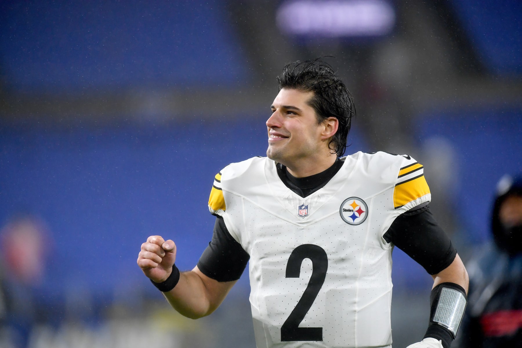 BALTIMORE, MD - JANUARY 06: Steelers quarterback Mason Rudolph (2) smiles and pumps his fist as he runs off the field after the Pittsburgh Steelers versus Baltimore Ravens NFL game at M&T Bank Stadium on January 6, 2024 in Baltimore, MD. (Photo by Randy Litzinger/Icon Sportswire via Getty Images)