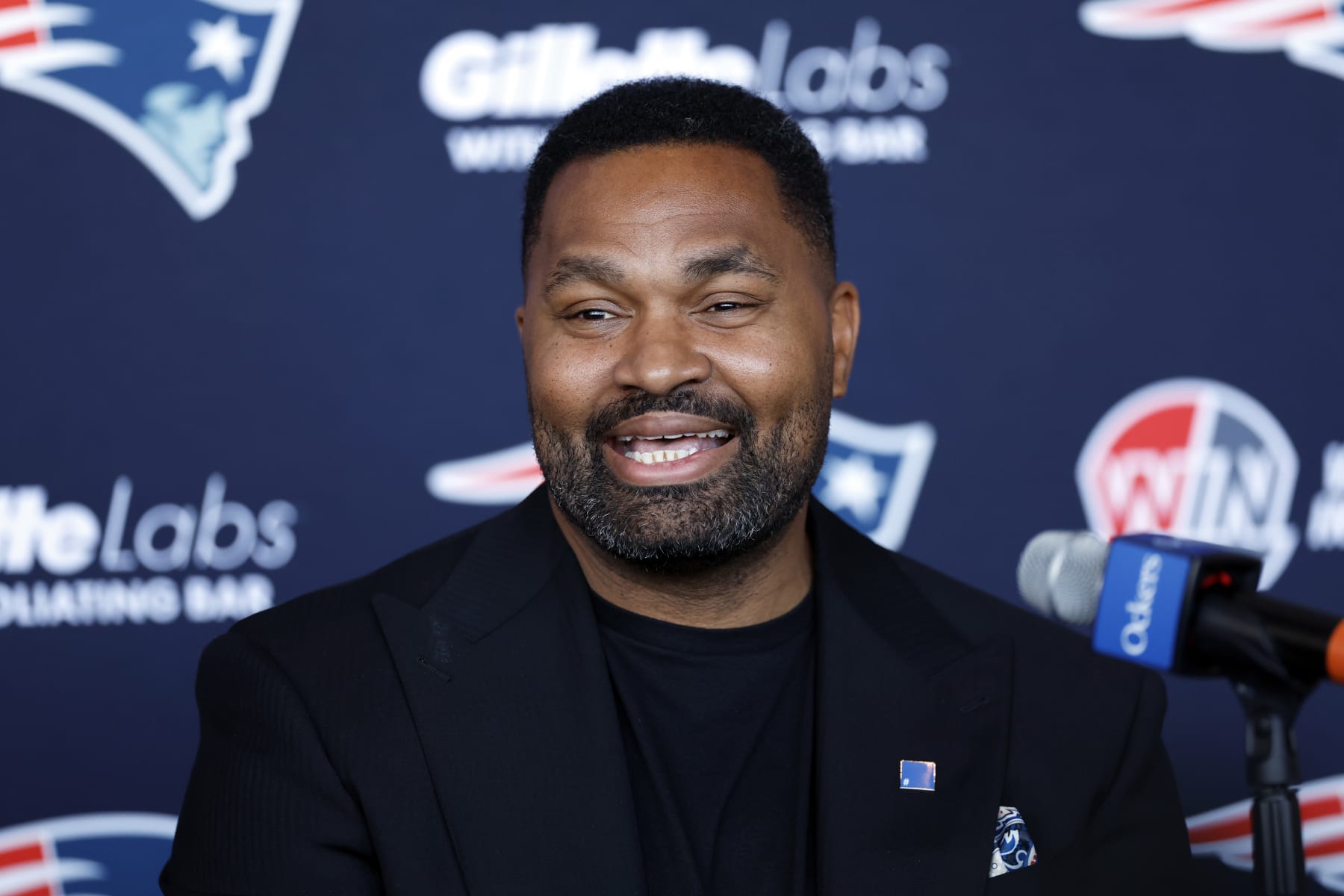 Foxborough, MA - January 17: New England Patriots head coach Jerod Mayo speaks during his introductory press conference at Gillette Stadium. (Photo by Danielle Parhizkaran/The Boston Globe via Getty Images)