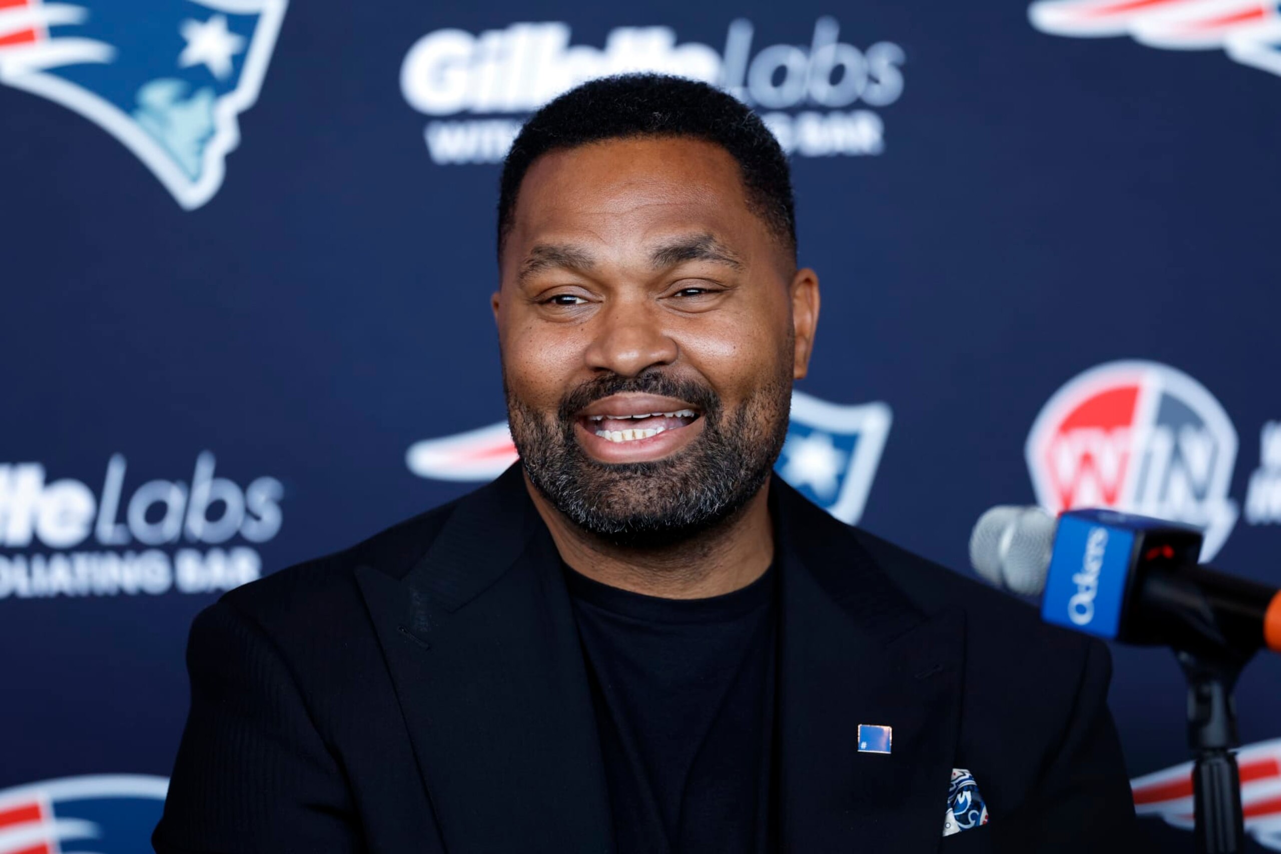 Foxborough, MA - January 17: New England Patriots head coach Jerod Mayo speaks during his introductory press conference at Gillette Stadium. (Photo by Danielle Parhizkaran/The Boston Globe via Getty Images)
