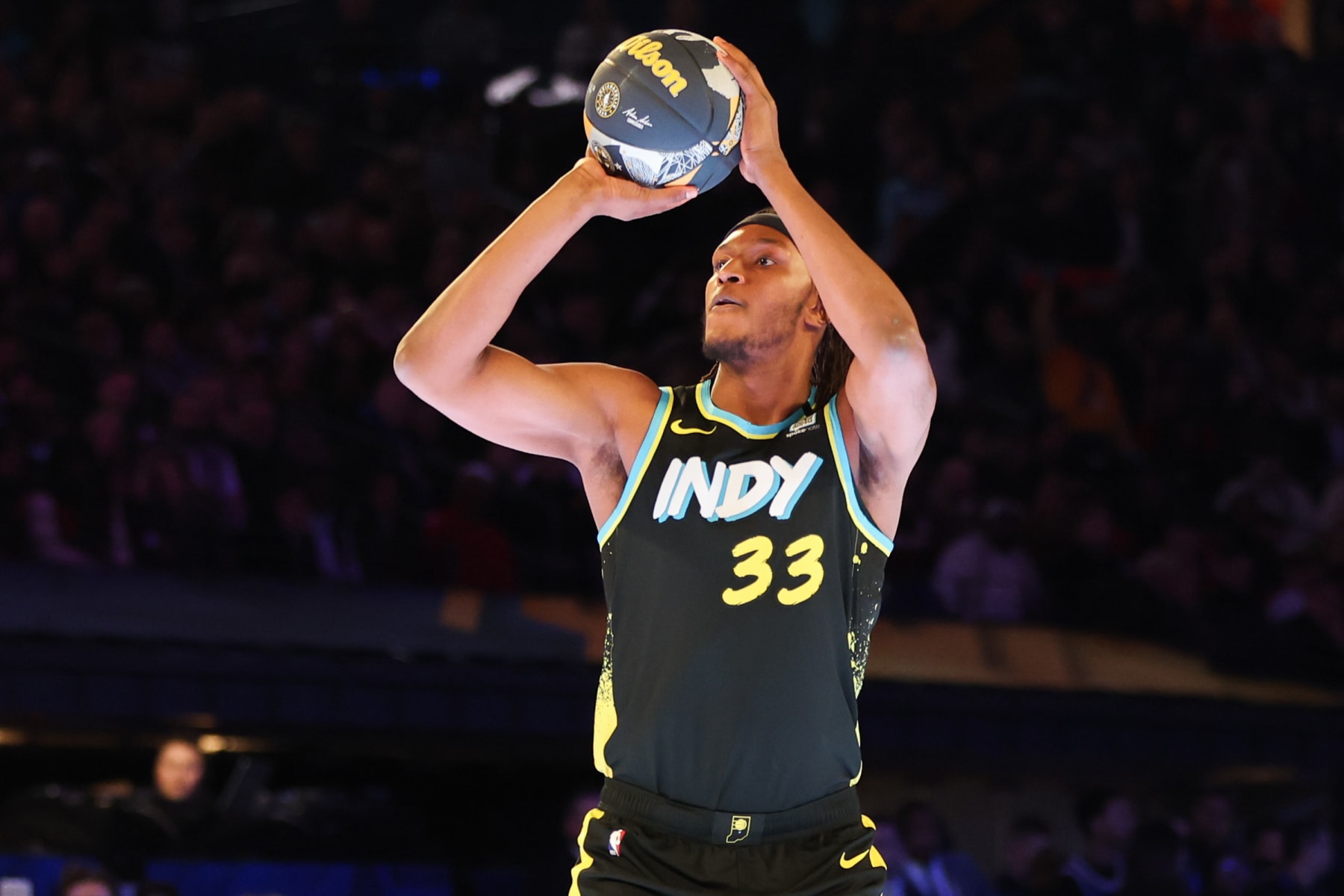 INDIANAPOLIS, INDIANA - FEBRUARY 17: Myles Turner #33 of the Indiana Pacers participates in the 2024 Kia Skills Challenge during the State Farm All-Star Saturday Night at Lucas Oil Stadium on February 17, 2024 in Indianapolis, Indiana. NOTE TO USER: User expressly acknowledges and agrees that, by downloading and or using this photograph, User is consenting to the terms and conditions of the Getty Images License Agreement. (Photo by Stacy Revere/Getty Images)