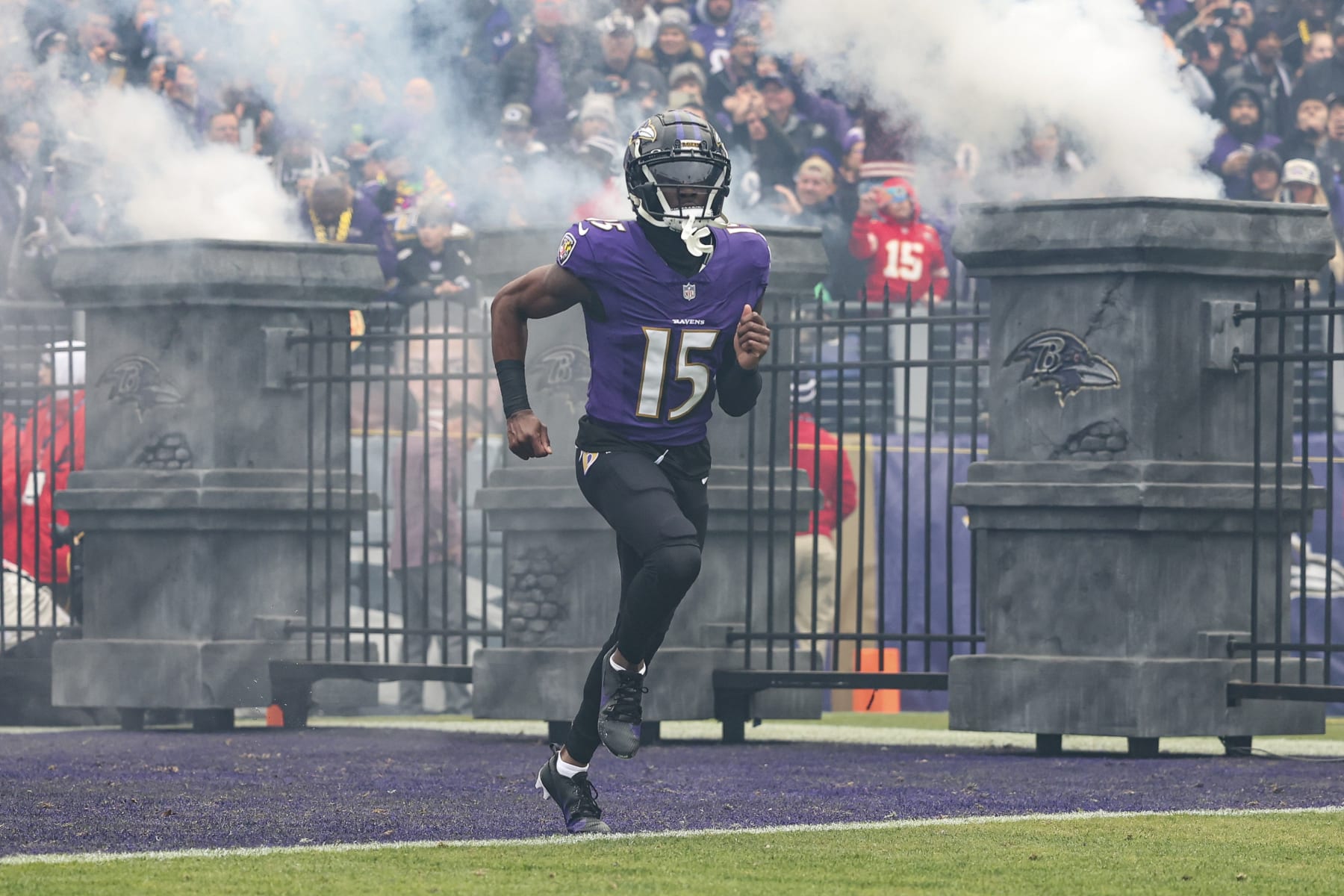 BALTIMORE, MD - JANUARY 28: Nelson Agholor #15 of the Baltimore Ravens runs out of the tunnel prior to the AFC Championship NFL football game against the Kansas City Chiefs at M&T Bank Stadium on January 28, 2024 in Baltimore, Maryland. (Photo by Perry Knotts/Getty Images)