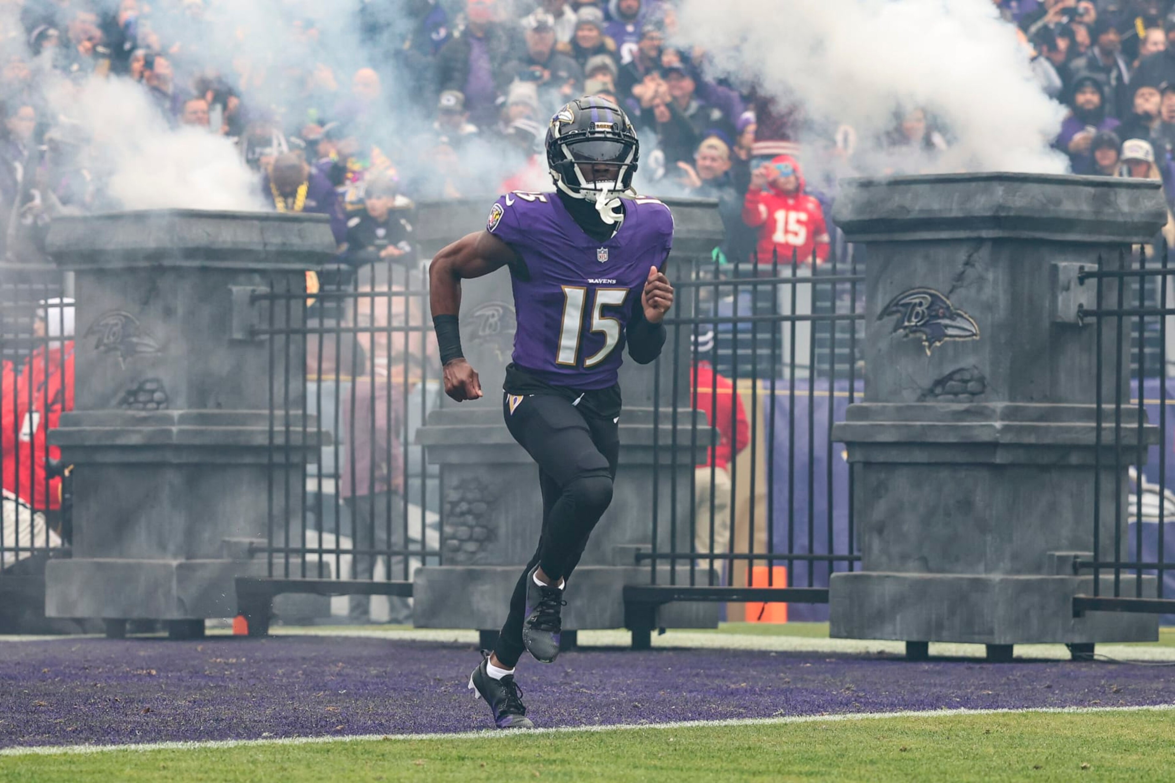 BALTIMORE, MD - JANUARY 28: Nelson Agholor #15 of the Baltimore Ravens runs out of the tunnel prior to the AFC Championship NFL football game against the Kansas City Chiefs at M&T Bank Stadium on January 28, 2024 in Baltimore, Maryland. (Photo by Perry Knotts/Getty Images) BALTIMORE, MD - JANUARY 28: Nelson Agholor #15 of the Baltimore Ravens runs out of the tunnel prior to the AFC Championship NFL football game against the Kansas City Chiefs at M&T Bank Stadium on January 28, 2024 in Baltimore, Maryland. (Photo by Perry Knotts/Getty Images)