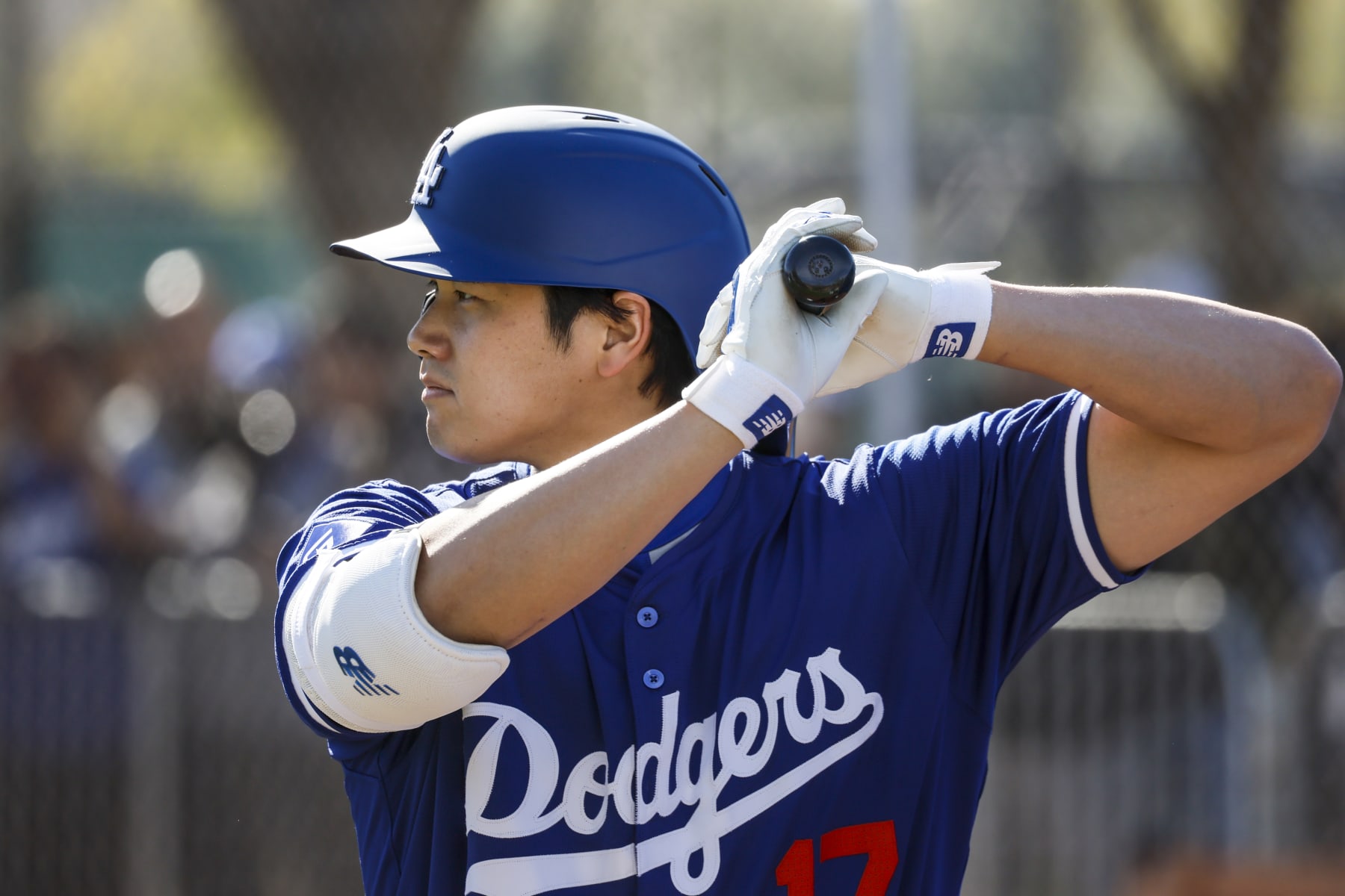 Goodyear, Arizona, Thursday, February 15, 2024 - Dodgers DH Shohei Ohtani stands in the batter's box during a practice session for pitcher Emmet Sheehan during day two of spring training at Camelback Ranch.  (Robert Gauthier/Los Angeles Times via Getty Images)