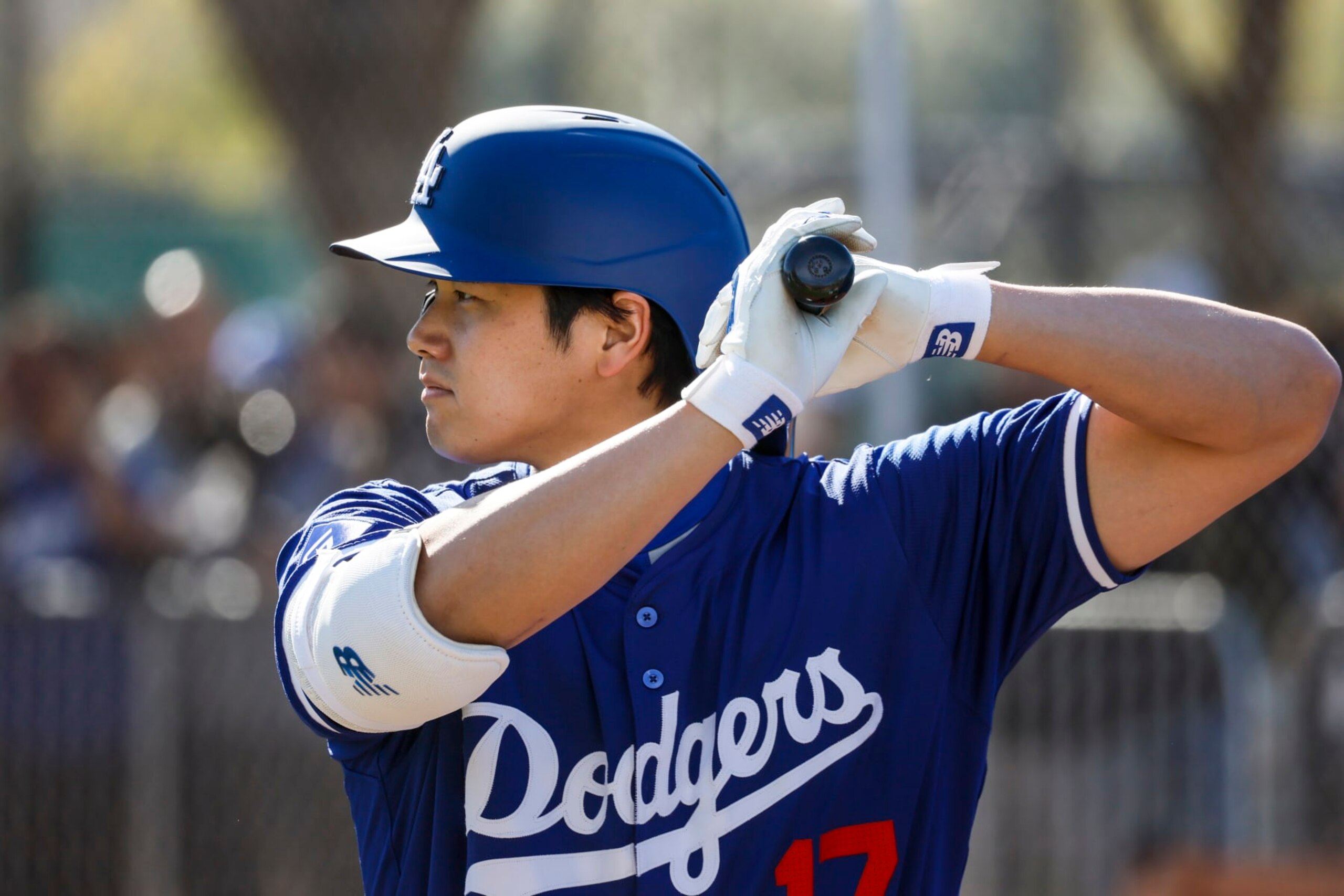 Goodyear, Arizona, Thursday, February 15, 2024 - Dodgers DH Shohei Ohtani stands in the batter's box during a practice session for pitcher Emmet Sheehan during day two of spring training at Camelback Ranch.  (Robert Gauthier/Los Angeles Times via Getty Images)