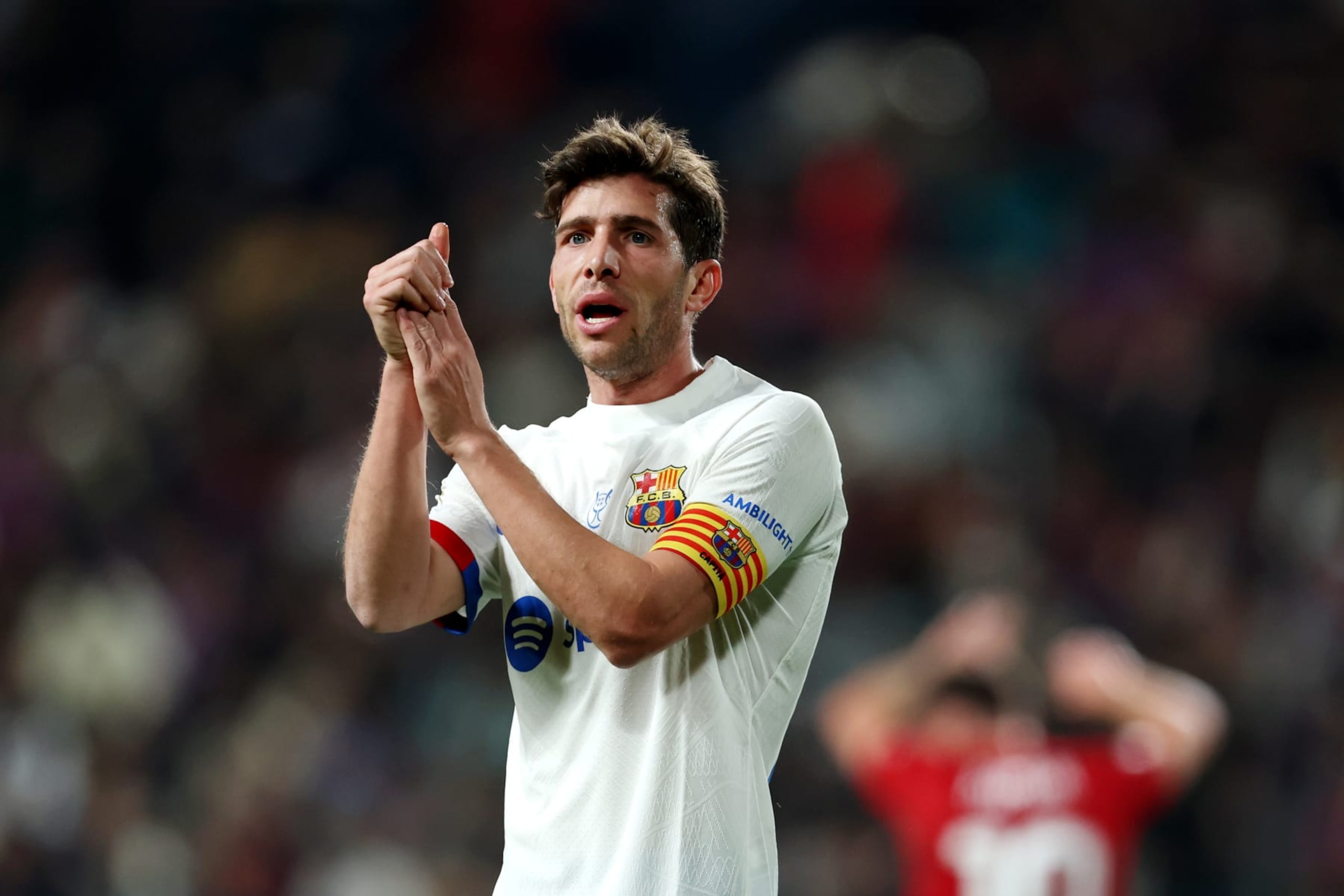 RIYADH, SAUDI ARABIA - JANUARY 11: Sergi Roberto of FC Barcelona reacts during the Super Copa de Espana Semi-Final match between FC Barcelona and CA Osasuna at Al-Awwal Park on January 11, 2024 in Riyadh, Saudi Arabia. (Photo by Yasser Bakhsh/Getty Images) RIYADH, SAUDI ARABIA - JANUARY 11: Sergi Roberto of FC Barcelona reacts during the Super Copa de Espana Semi-Final match between FC Barcelona and CA Osasuna at Al-Awwal Park on January 11, 2024 in Riyadh, Saudi Arabia. (Photo by Yasser Bakhsh/Getty Images)