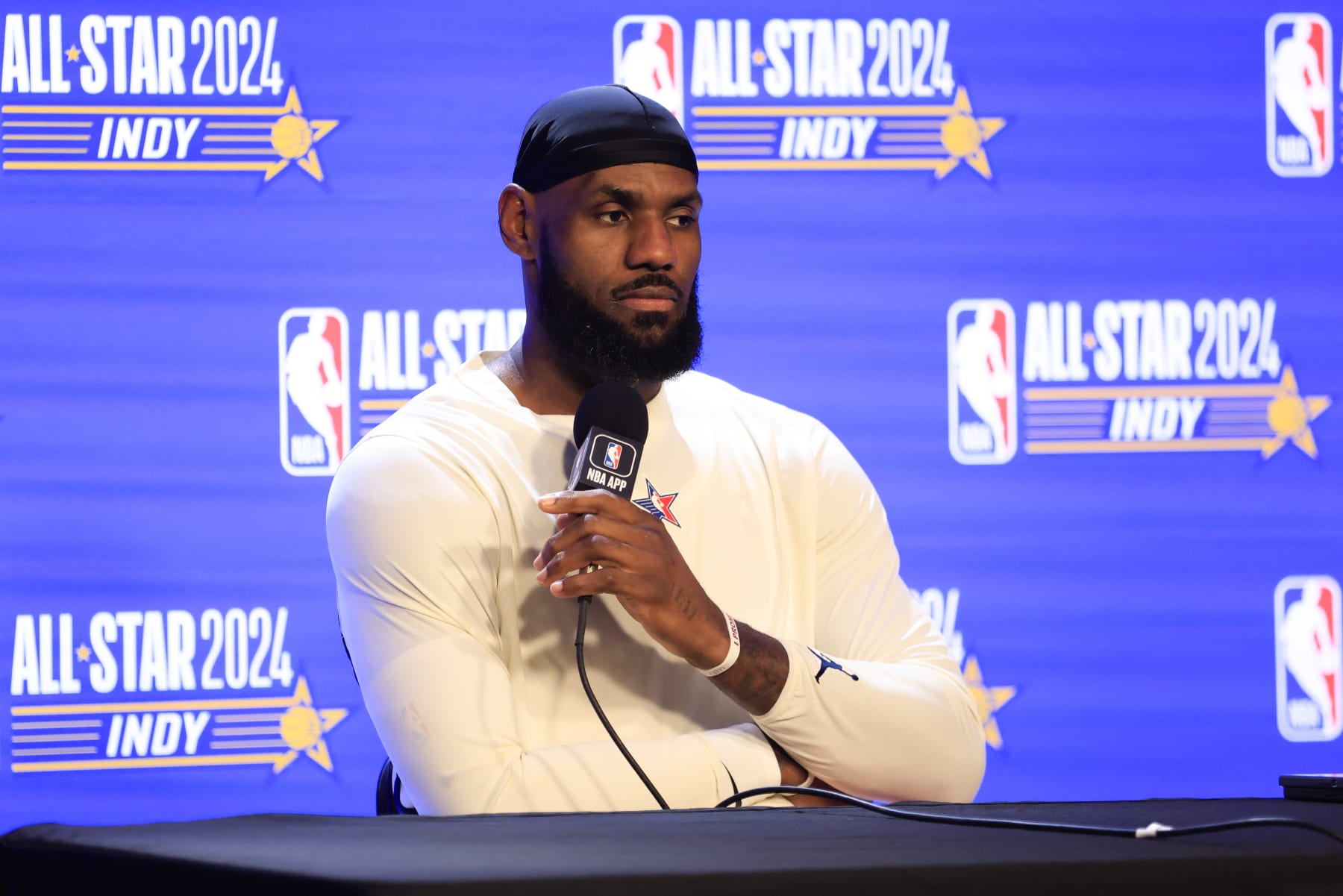 INDIANAPOLIS, INDIANA - FEBRUARY 18: LeBron James #23 of the Los Angeles Lakers and Western Conference All-Stars speaks to the media prior to the 2024 NBA All-Star Game at Gainbridge Fieldhouse on February 18, 2024 in Indianapolis, Indiana. NOTE TO USER: User expressly acknowledges and agrees that, by downloading and or using this photograph, User is consenting to the terms and conditions of the Getty Images License Agreement. (Photo by Justin Casterline/Getty Images)