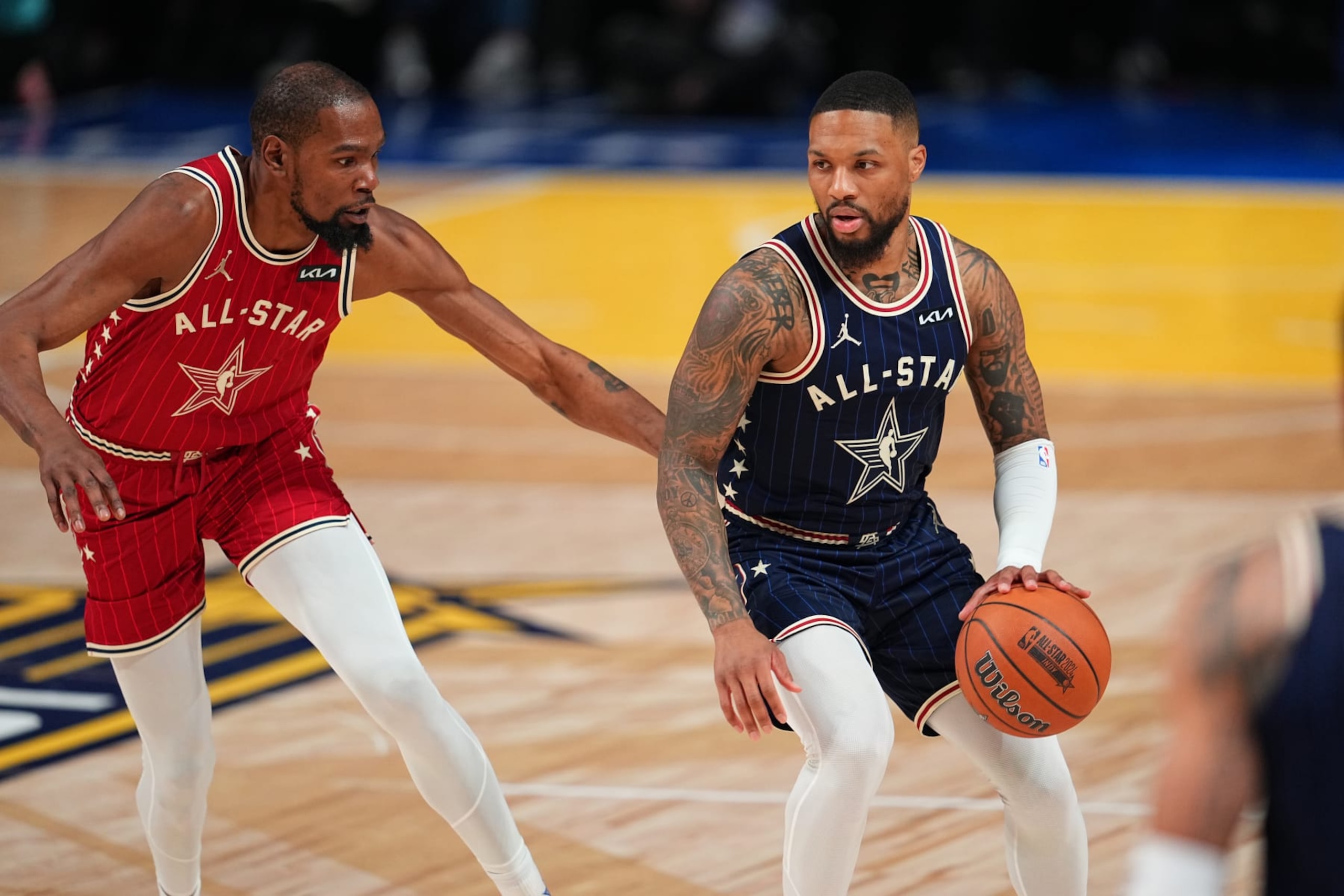 INDIANAPOLIS, IN - FEBRUARY 18: Damian Lillard #0 of the Eastern Conference dribbles the ball during the game against the Western Conference during the NBA All-Star Game as part of NBA All-Star Weekend on Sunday, February 18, 2024 at Gainbridge Fieldhouse in Indianapolis, Indiana. NOTE TO USER: User expressly acknowledges and agrees that, by downloading and/or using this Photograph, user is consenting to the terms and conditions of the Getty Images License Agreement. Mandatory Copyright Notice: Copyright 2024 NBAE (Photo by Garrett Ellwood/NBAE via Getty Images)