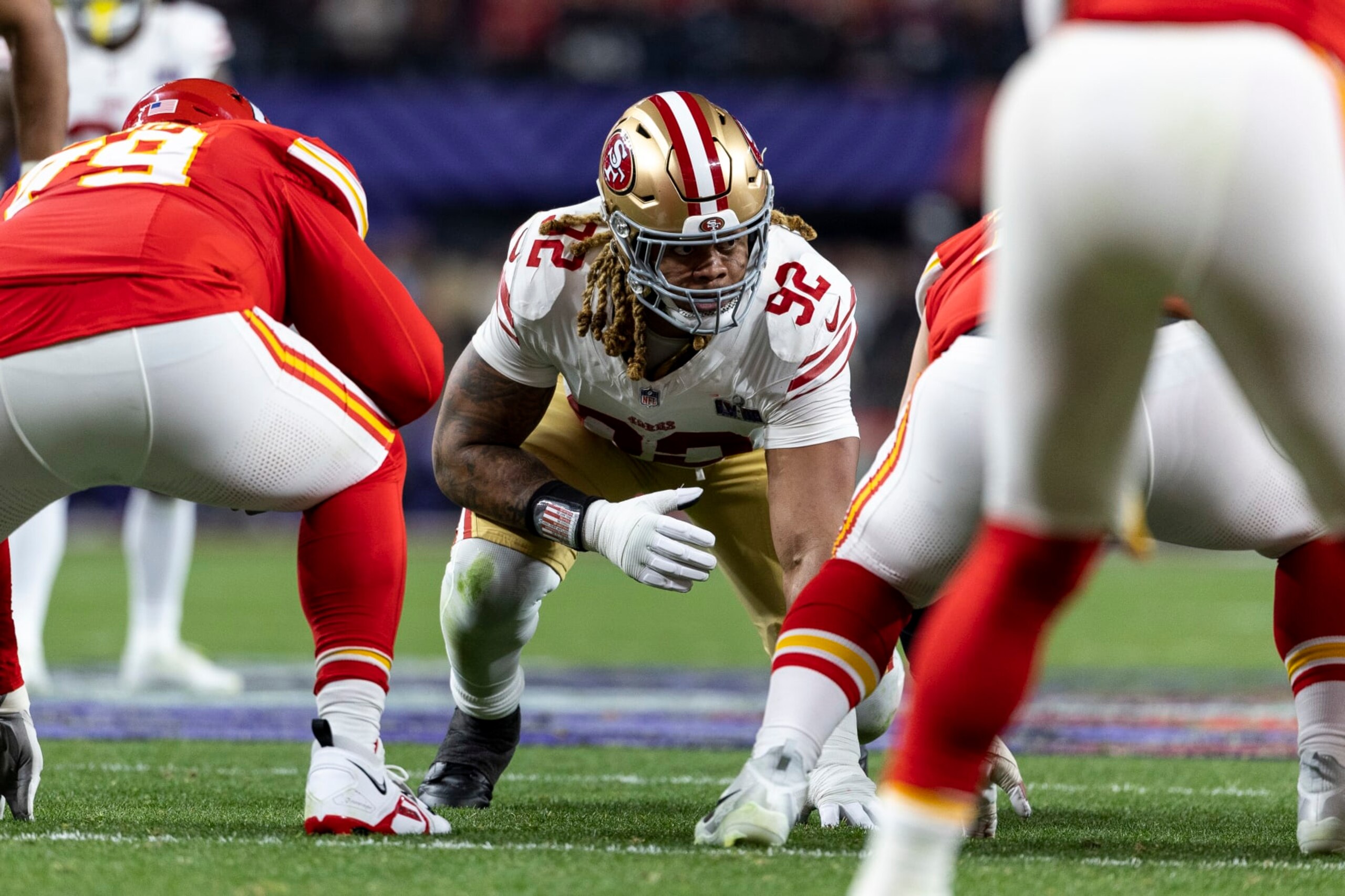 LAS VEGAS, NEVADA - FEBRUARY 11: Chase Young #92 of the San Francisco 49ers lines up during the NFL Super Bowl 58 football game between the San Francisco 49ers and the Kansas City Chiefs at Allegiant Stadium on February 11, 2024 in Las Vegas, Nevada. (Photo by Michael Owens/Getty Images)