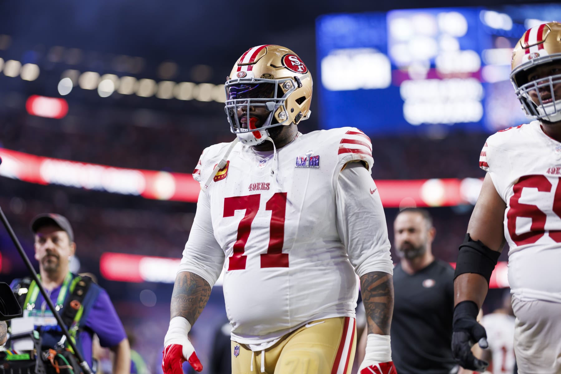 LAS VEGAS, NEVADA - FEBRUARY 11: Trent Williams #71 of the San Francisco 49ers walks off the field during Super Bowl LVIII against the Kansas City Chiefs at Allegiant Stadium on February 11, 2024 in Las Vegas, Nevada. (Photo by Ryan Kang/Getty Images)