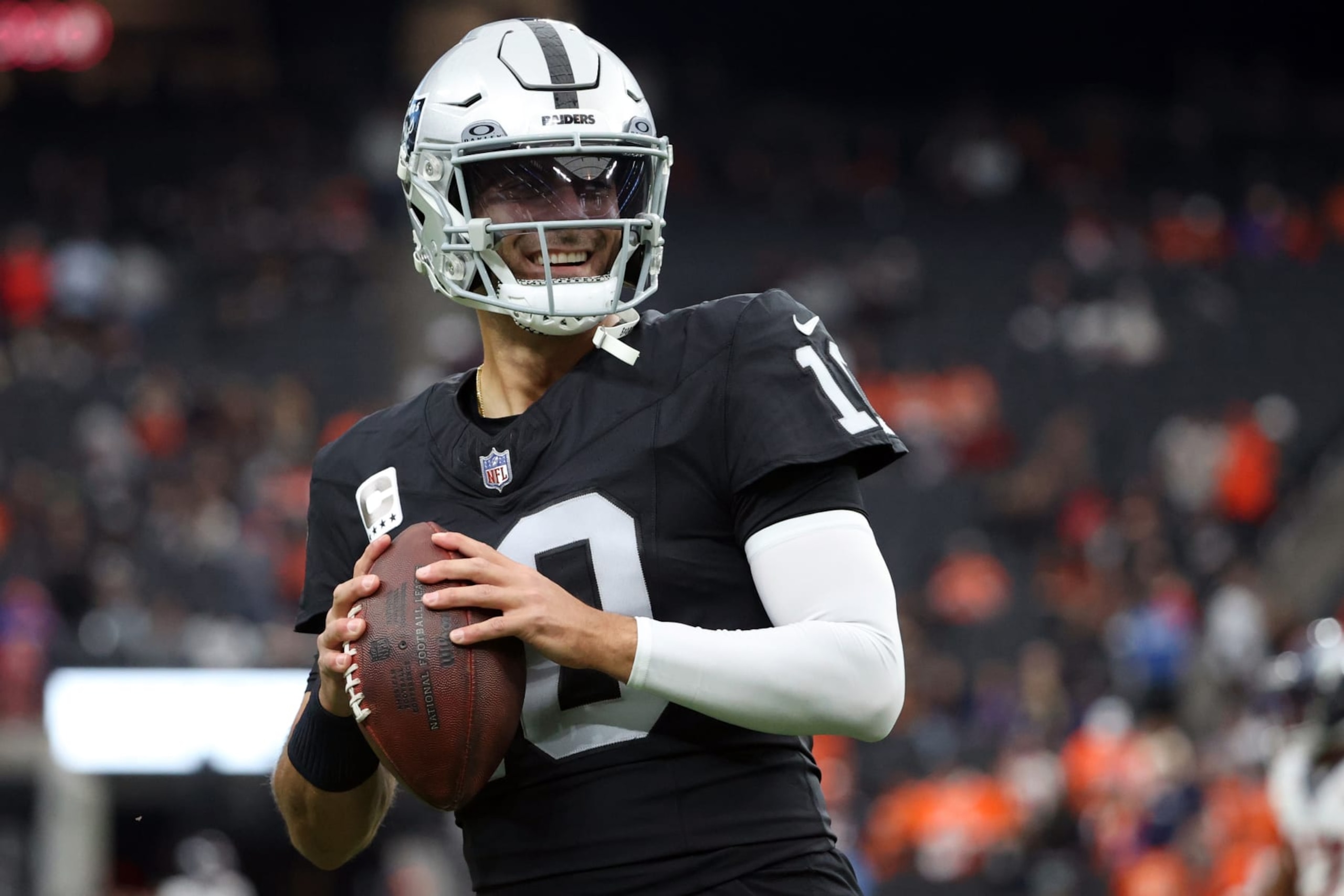 LAS VEGAS, NEVADA - JANUARY 07: Jimmy Garoppolo #10 of the Las Vegas Raiders warms up prior to the game against the Denver Broncos at Allegiant Stadium on January 07, 2024 in Las Vegas, Nevada. (Photo by Ian Maule/Getty Images) LAS VEGAS, NEVADA - JANUARY 07: Jimmy Garoppolo #10 of the Las Vegas Raiders warms up prior to the game against the Denver Broncos at Allegiant Stadium on January 07, 2024 in Las Vegas, Nevada. (Photo by Ian Maule/Getty Images)