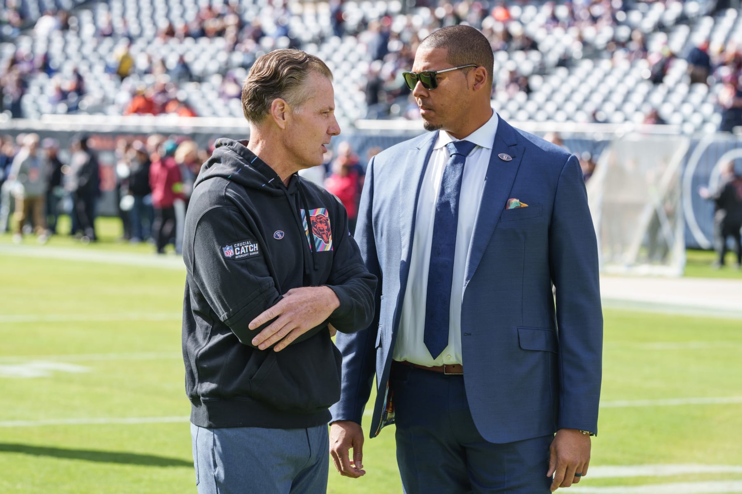 CHICAGO, IL - OCTOBER 15:  head coach Matt Eberflus of the Chicago Bears talks to General Manager Ryan Poles before an NFL football game against the Minnesota Vikings at Soldier Field on October 15, 2023 in Chicago, Illinois. (Photo by Todd Rosenberg/Getty Images)