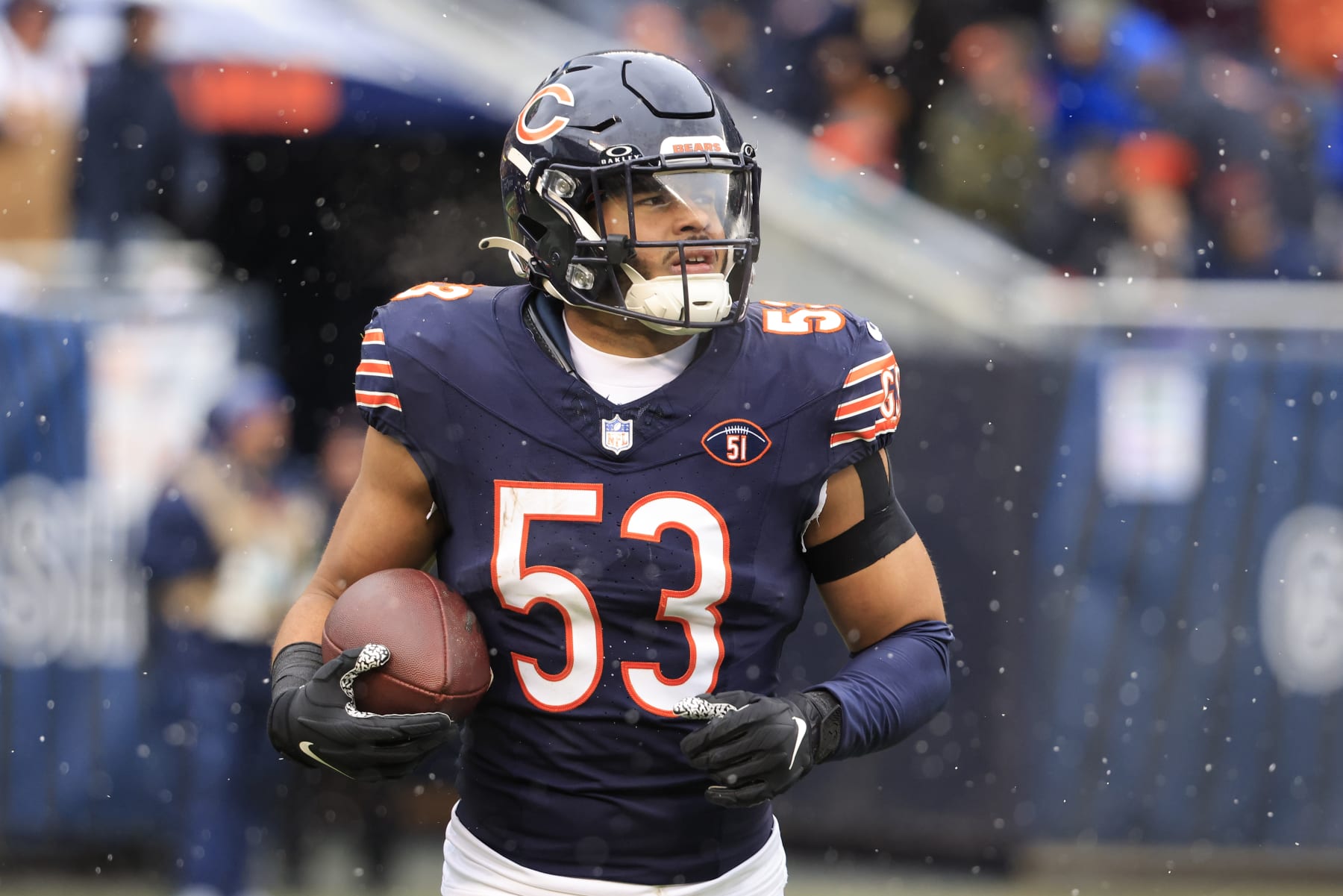 CHICAGO, ILLINOIS - DECEMBER 31: T.J. Edwards #53 of the Chicago Bears reacts in the game against the Atlanta Falcons at Soldier Field on December 31, 2023 in Chicago, Illinois. (Photo by Justin Casterline/Getty Images)