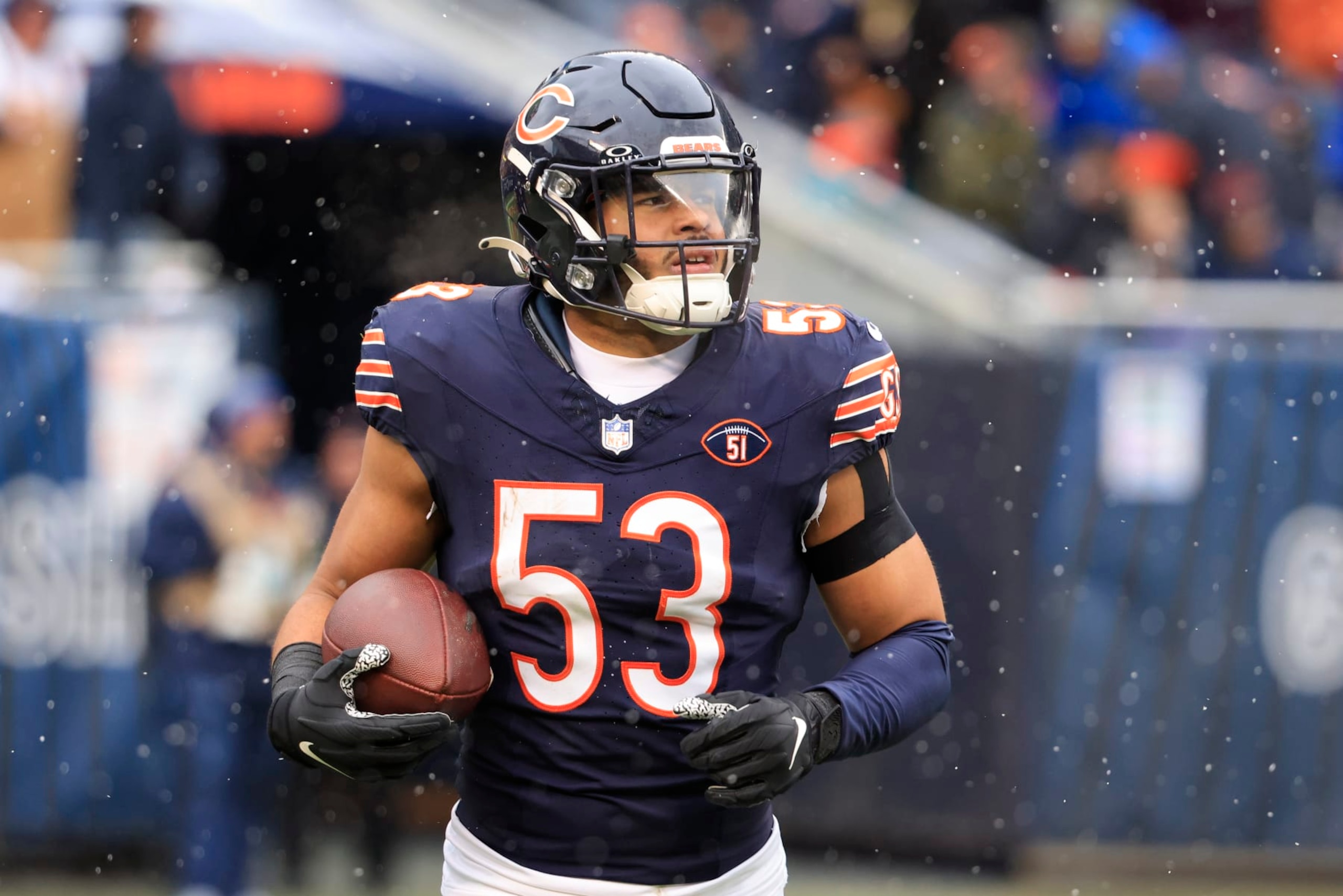 CHICAGO, ILLINOIS - DECEMBER 31: T.J. Edwards #53 of the Chicago Bears reacts in the game against the Atlanta Falcons at Soldier Field on December 31, 2023 in Chicago, Illinois. (Photo by Justin Casterline/Getty Images)