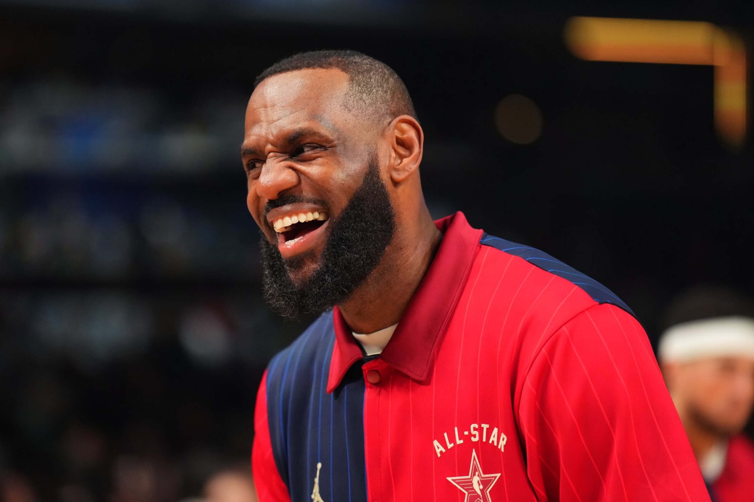 INDIANAPOLIS, IN - FEBRUARY 18: LeBron James #23 of the Western Conference smiles before the game against the Eastern Conference  during the NBA All-Star Game as part of NBA All-Star Weekend on Sunday, February 18, 2024 at Gainbridge Fieldhouse in Indianapolis, Indiana. NOTE TO USER: User expressly acknowledges and agrees that, by downloading and/or using this Photograph, user is consenting to the terms and conditions of the Getty Images License Agreement. Mandatory Copyright Notice: Copyright 2024 NBAE (Photo by Jesse D. Garrabrant/NBAE via Getty Images)