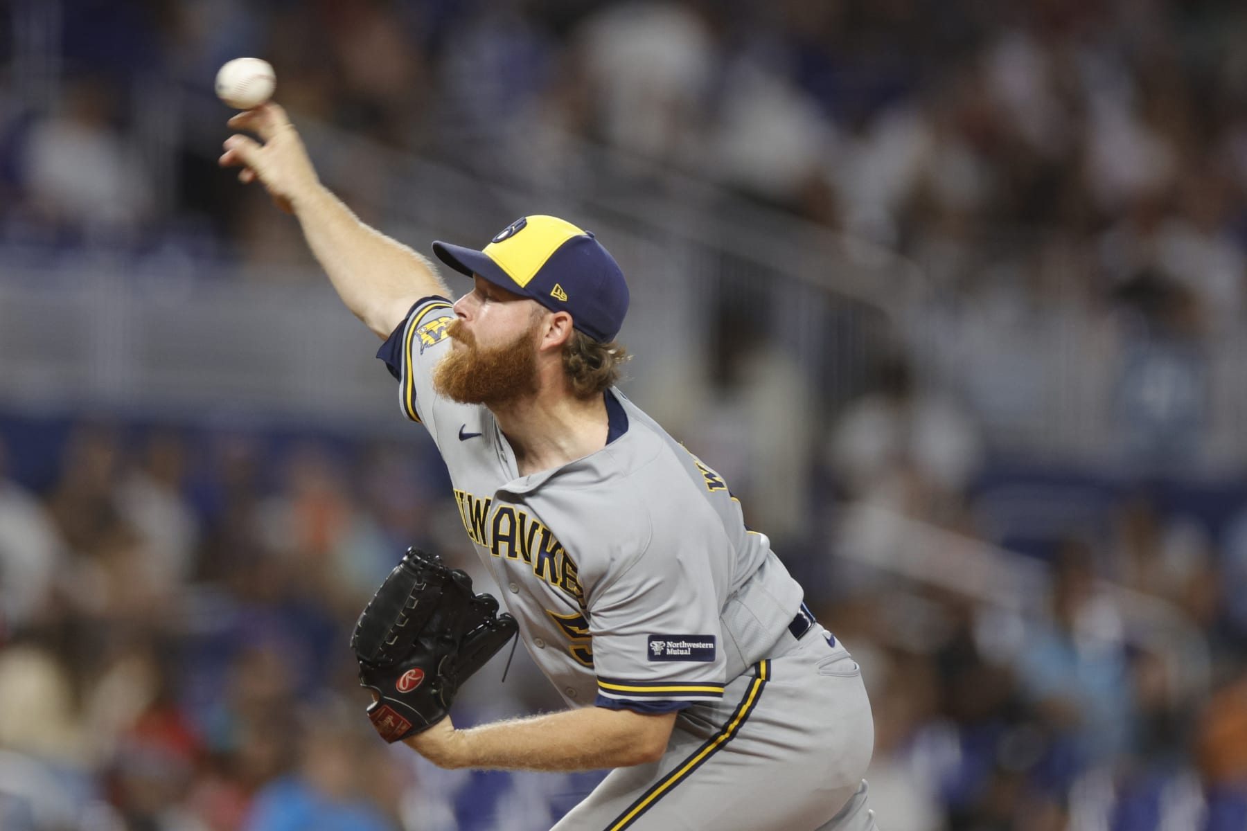 MIAMI, FLORIDA - SEPTEMBER 23: Brandon Woodruff #53 of the Milwaukee Brewers delivers during the first inning against the Miami Marlins at loanDepot park on September 23, 2023 in Miami, Florida. (Photo by Carmen Mandato/Getty Images)