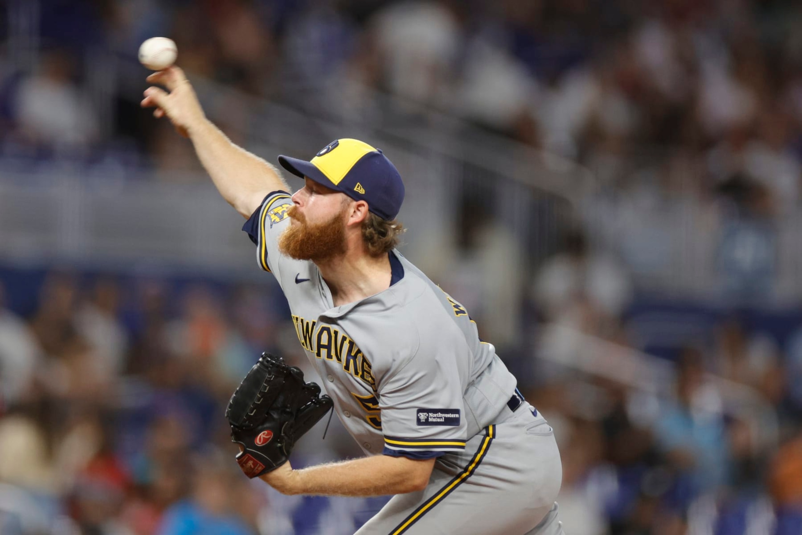 MIAMI, FLORIDA - SEPTEMBER 23: Brandon Woodruff #53 of the Milwaukee Brewers delivers during the first inning against the Miami Marlins at loanDepot park on September 23, 2023 in Miami, Florida. (Photo by Carmen Mandato/Getty Images)
