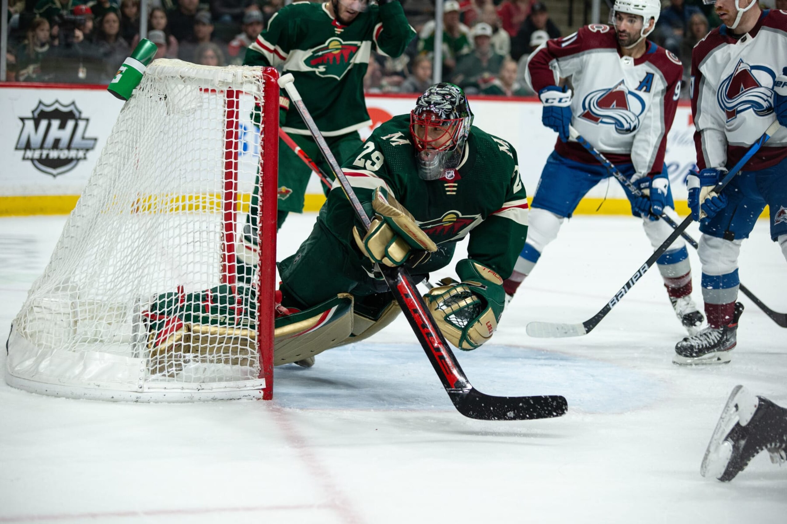 SAINT PAUL, MN - APRIL 29: Minnesota Wild Goalie Marc-Andre Fleury (29) makes a save during the NHL game between the Colorado Avalanche and the Minnesota Wild on April 29th, 2022, at Xcel Energy Center in Saint Paul, MN. (Photo by Bailey Hillesheim/Icon Sportswire via Getty Images)