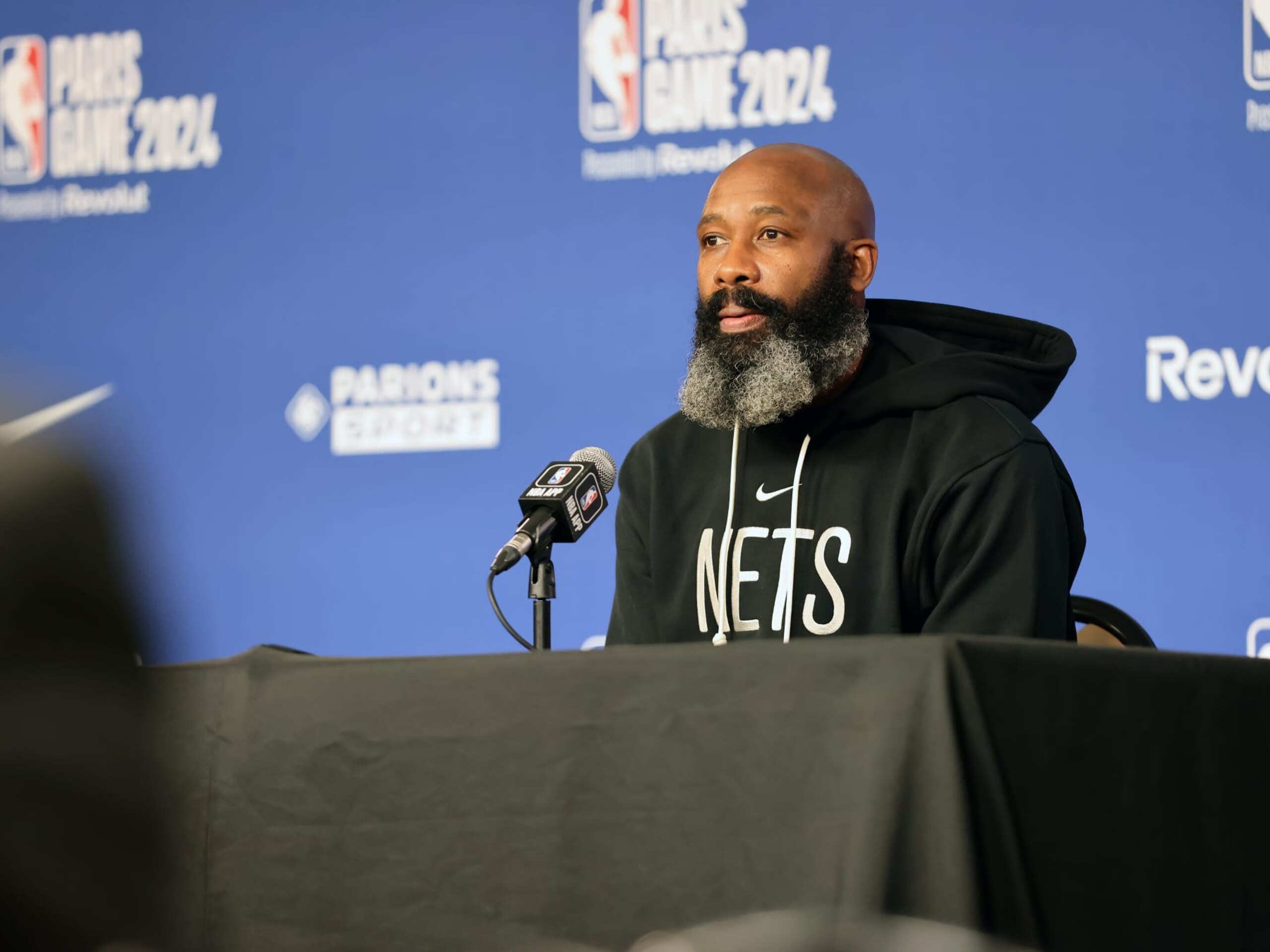 PARIS, FRANCE - JANUARY 11: Jacque Vaughn of the Brooklyn Nets talks to the media during a press conference as part of NBA Paris Games 2024 on January 11, 2024 at Accor Arena in Paris, France. NOTE TO USER: User expressly acknowledges and agrees that, by downloading and/or using this photograph, User is consenting to the terms and conditions of the Getty Images License Agreement. Mandatory Copyright Notice: Copyright 2024 NBAE (Photo by Loic Baratoux/NBAE via Getty Images) PARIS, FRANCE - JANUARY 11: Jacque Vaughn of the Brooklyn Nets talks to the media during a press conference as part of NBA Paris Games 2024 on January 11, 2024 at Accor Arena in Paris, France. NOTE TO USER: User expressly acknowledges and agrees that, by downloading and/or using this photograph, User is consenting to the terms and conditions of the Getty Images License Agreement. Mandatory Copyright Notice: Copyright 2024 NBAE (Photo by Loic Baratoux/NBAE via Getty Images)