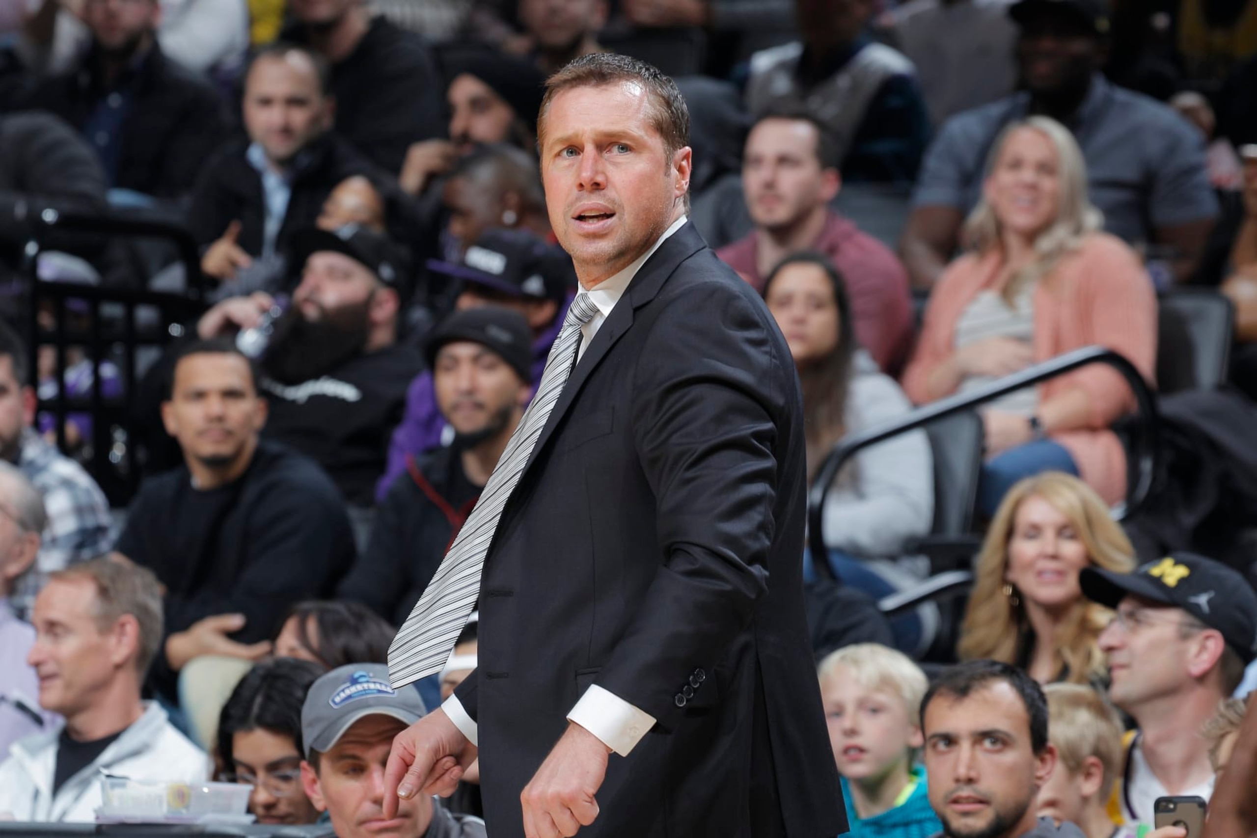 SACRAMENTO, CA - DECEMBER 27: Head coach Dave Joerger of the Sacramento Kings looks on during the game against the Los Angeles Lakers on December 27, 2018 at Golden 1 Center in Sacramento, California. NOTE TO USER: User expressly acknowledges and agrees that, by downloading and or using this photograph, User is consenting to the terms and conditions of the Getty Images Agreement. Mandatory Copyright Notice: Copyright 2018 NBAE (Photo by Rocky Widner/NBAE via Getty Images) SACRAMENTO, CA - DECEMBER 27: Head coach Dave Joerger of the Sacramento Kings looks on during the game against the Los Angeles Lakers on December 27, 2018 at Golden 1 Center in Sacramento, California. NOTE TO USER: User expressly acknowledges and agrees that, by downloading and or using this photograph, User is consenting to the terms and conditions of the Getty Images Agreement. Mandatory Copyright Notice: Copyright 2018 NBAE (Photo by Rocky Widner/NBAE via Getty Images)