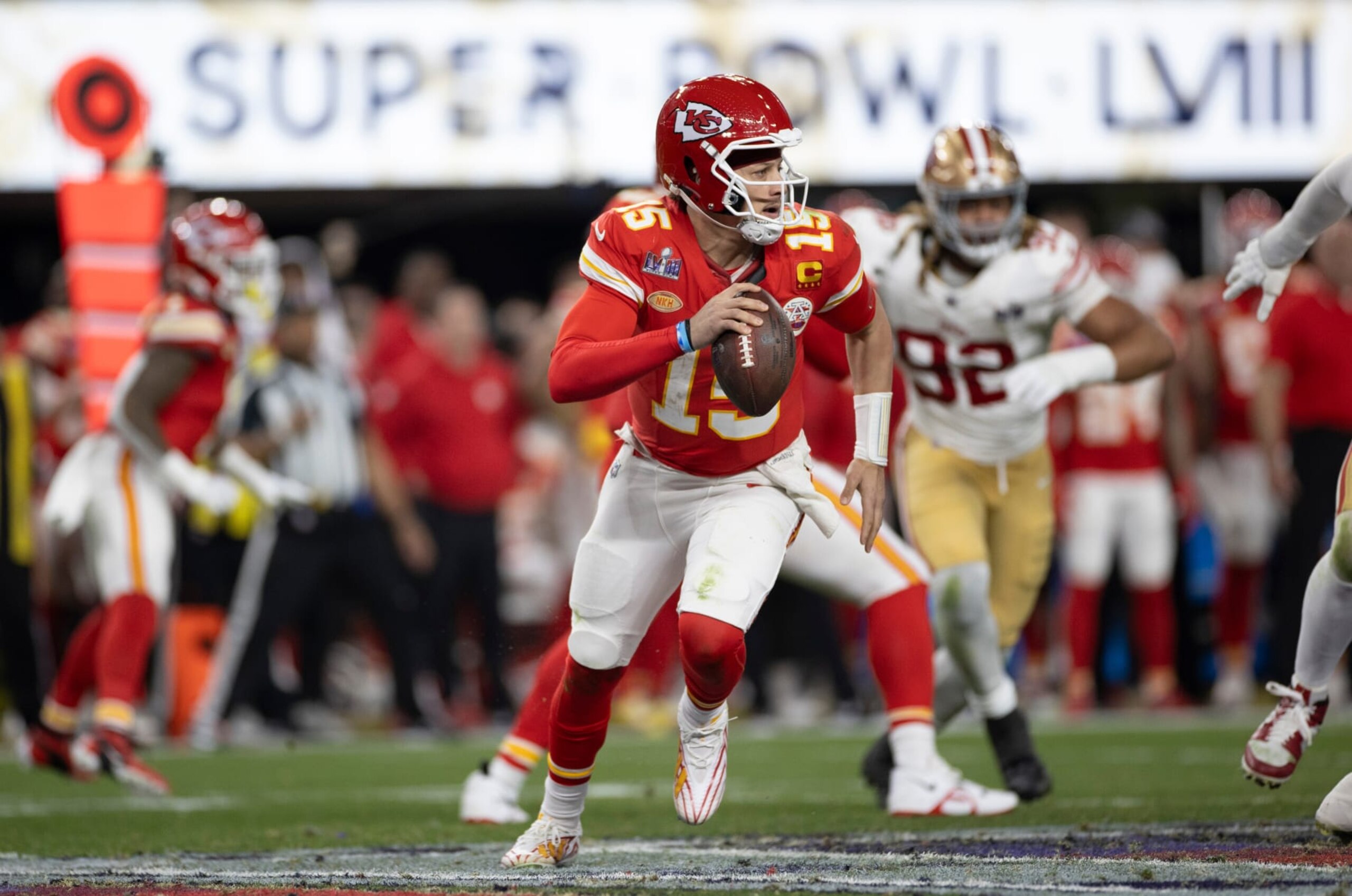 LAS VEGAS, NV - FEBRUARY 11: Patrick Mahomes #15 of the Kansas City Chiefs looks for a receiver during Super Bowl LVIII against the San Francisco 49ers at Allegiant Stadium on February 11, 2024 in Las Vegas, Nevada. The Chiefs defeated the 49ers 25-22. (Photo by Michael Zagaris/San Francisco 49ers/Getty Images)