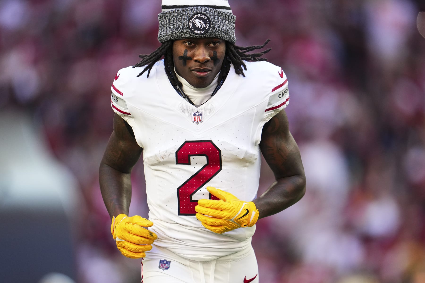 GLENDALE, AZ - DECEMBER 17: Marquise Brown #2 of the Arizona Cardinals runs out of the tunnel prior to an NFL football game against the San Francisco 49ers at State Farm Stadium on December 17, 2023 in Glendale, Arizona. (Photo by Cooper Neill/Getty Images)