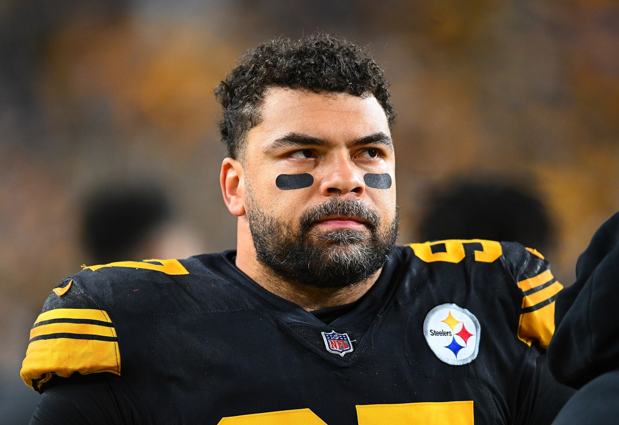 PITTSBURGH, PENNSYLVANIA - DECEMBER 7:  Cameron Heyward #97 of the Pittsburgh Steelers looks on during the game against the New England Patriots at Acrisure Stadium on December 7, 2023 in Pittsburgh, Pennsylvania. (Photo by Joe Sargent/Getty Images)