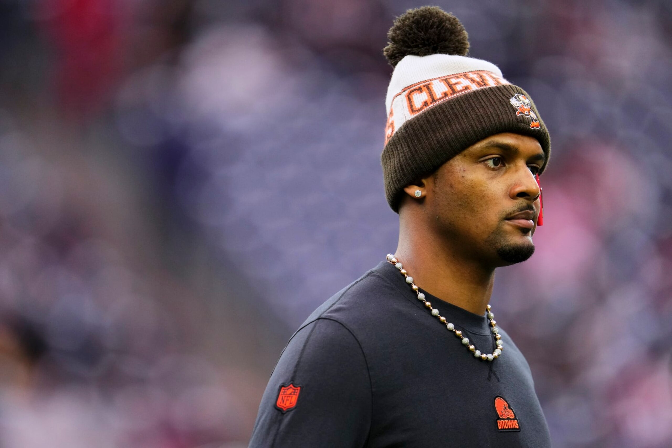 HOUSTON, TX - JANUARY 13: Deshaun Watson #4 of the Cleveland Browns looks on before kickoff against the Houston Texans in the AFC Wild Card playoff game at NRG Stadium on January 13, 2024 in Houston, Texas. (Photo by Cooper Neill/Getty Images) HOUSTON, TX - JANUARY 13: Deshaun Watson #4 of the Cleveland Browns looks on before kickoff against the Houston Texans in the AFC Wild Card playoff game at NRG Stadium on January 13, 2024 in Houston, Texas. (Photo by Cooper Neill/Getty Images)
