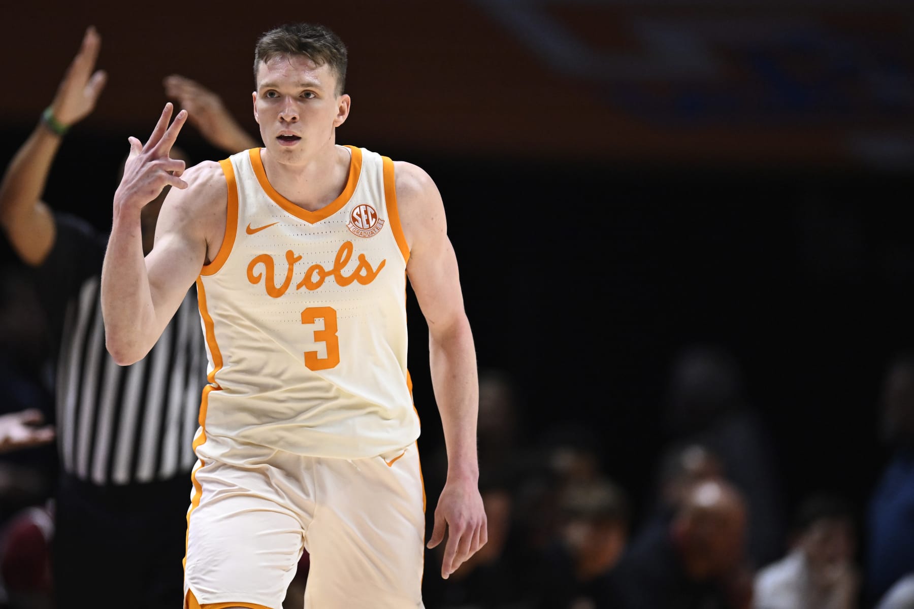 KNOXVILLE, TENNESSEE - JANUARY 30: Dalton Knecht #3 of the Tennessee Volunteers celebrates his three-point basket against the South Carolina Gamecocks in the first half at Thompson-Boling Arena on January 30, 2024 in Knoxville, Tennessee. (Photo by Eakin Howard/Getty Images)