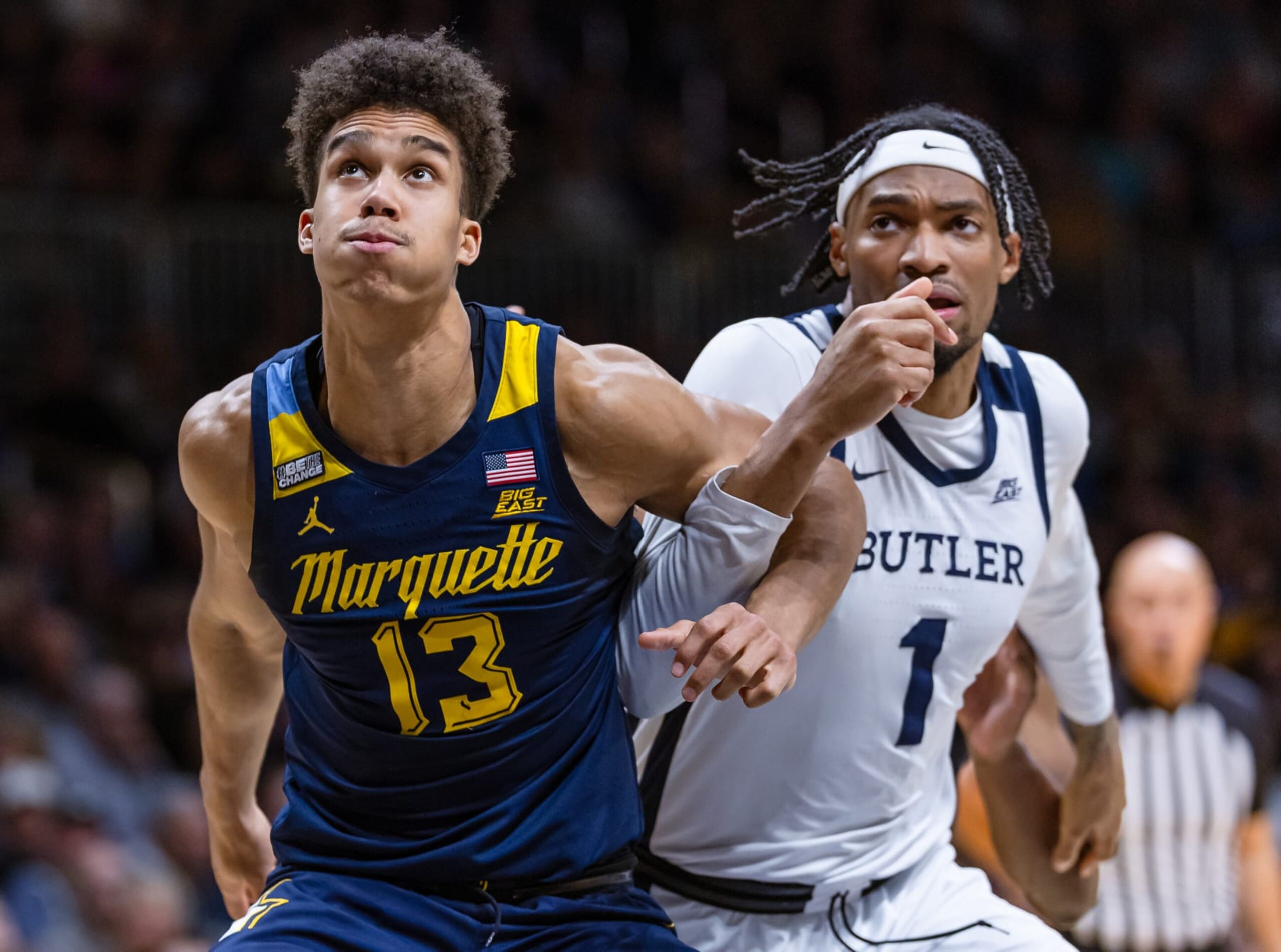INDIANAPOLIS, INDIANA - FEBRUARY 13: Oso Ighodaro #13 of the Marquette Golden Eagles blocks out against Jalen Thomas #1 of the Butler Bulldogs at Hinkle Fieldhouse on February 13, 2024 in Indianapolis, Indiana. (Photo by Michael Hickey/Getty Images) INDIANAPOLIS, INDIANA - FEBRUARY 13: Oso Ighodaro #13 of the Marquette Golden Eagles blocks out against Jalen Thomas #1 of the Butler Bulldogs at Hinkle Fieldhouse on February 13, 2024 in Indianapolis, Indiana. (Photo by Michael Hickey/Getty Images)