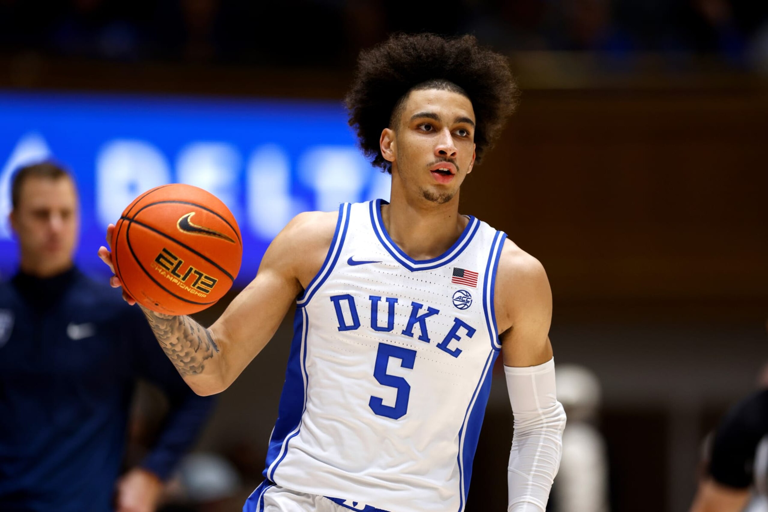 DURHAM, NORTH CAROLINA - FEBRUARY 12: Tyrese Proctor #5 of the Duke Blue Devils dribbles up court during the first half against the Wake Forest Demon Deacons at Cameron Indoor Stadium on February 12, 2024 in Durham, North Carolina. (Photo by Lance King/Getty Images) DURHAM, NORTH CAROLINA - FEBRUARY 12: Tyrese Proctor #5 of the Duke Blue Devils dribbles up court during the first half against the Wake Forest Demon Deacons at Cameron Indoor Stadium on February 12, 2024 in Durham, North Carolina. (Photo by Lance King/Getty Images)
