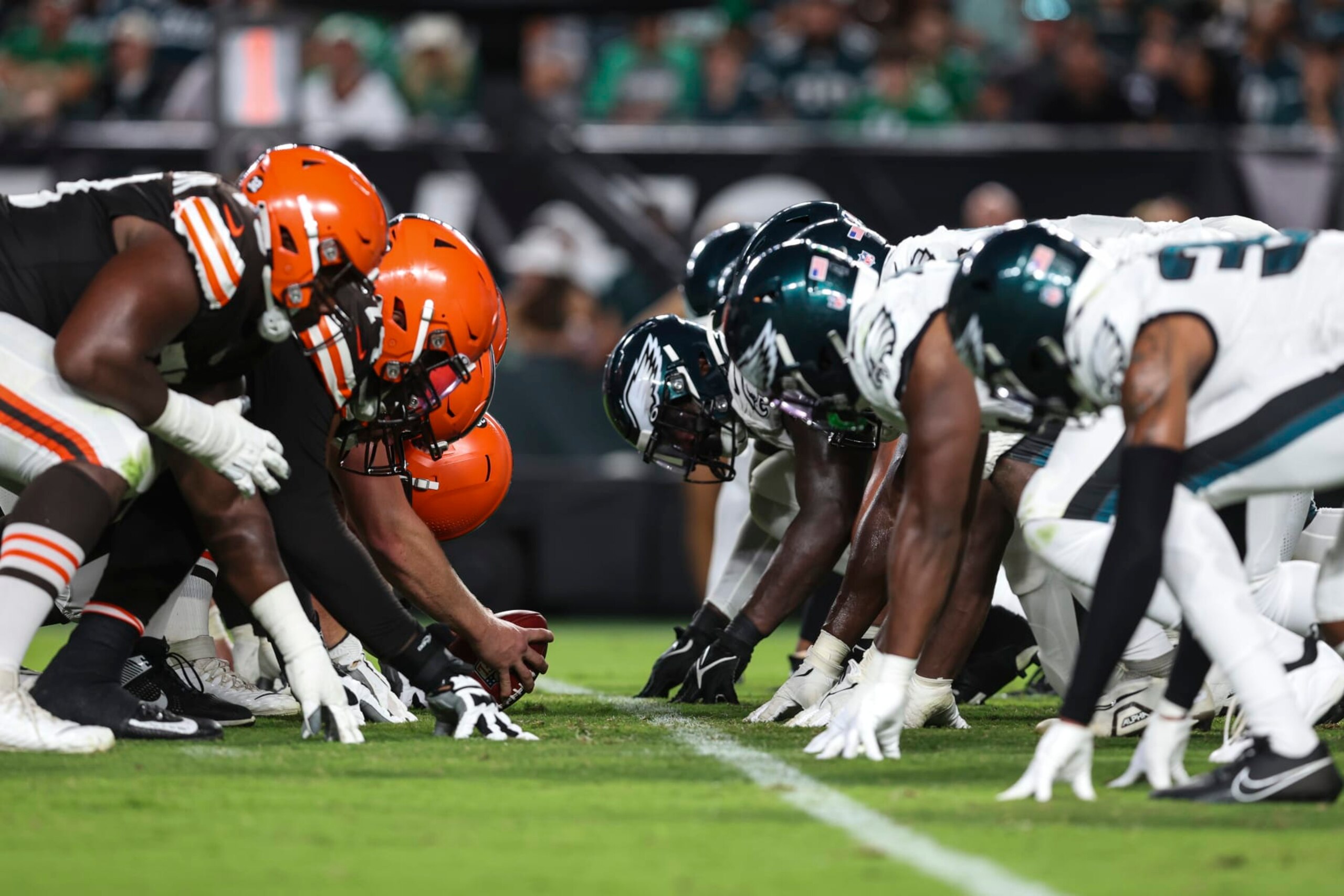 PHILADELPHIA, PA - AUGUST 17: The Cleveland Browns and the Philadelphia Eagles line up during a game at Lincoln Financial Field on Thursday, August 17, 2023, in Philadelphia, Pennsylvania. (Perry Knotts/Getty Images)