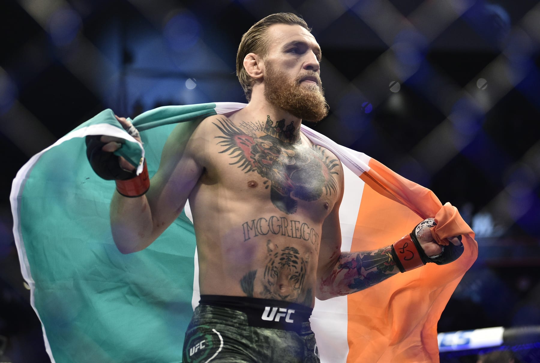 LAS VEGAS, NEVADA - JANUARY 18: Conor McGregor of Ireland celebrates after knocking out Donald Cerrone in their welterweight fight during the UFC 246 event at T-Mobile Arena on January 18, 2020 in Las Vegas, Nevada. (Photo by Chris Unger/Zuffa LLC)