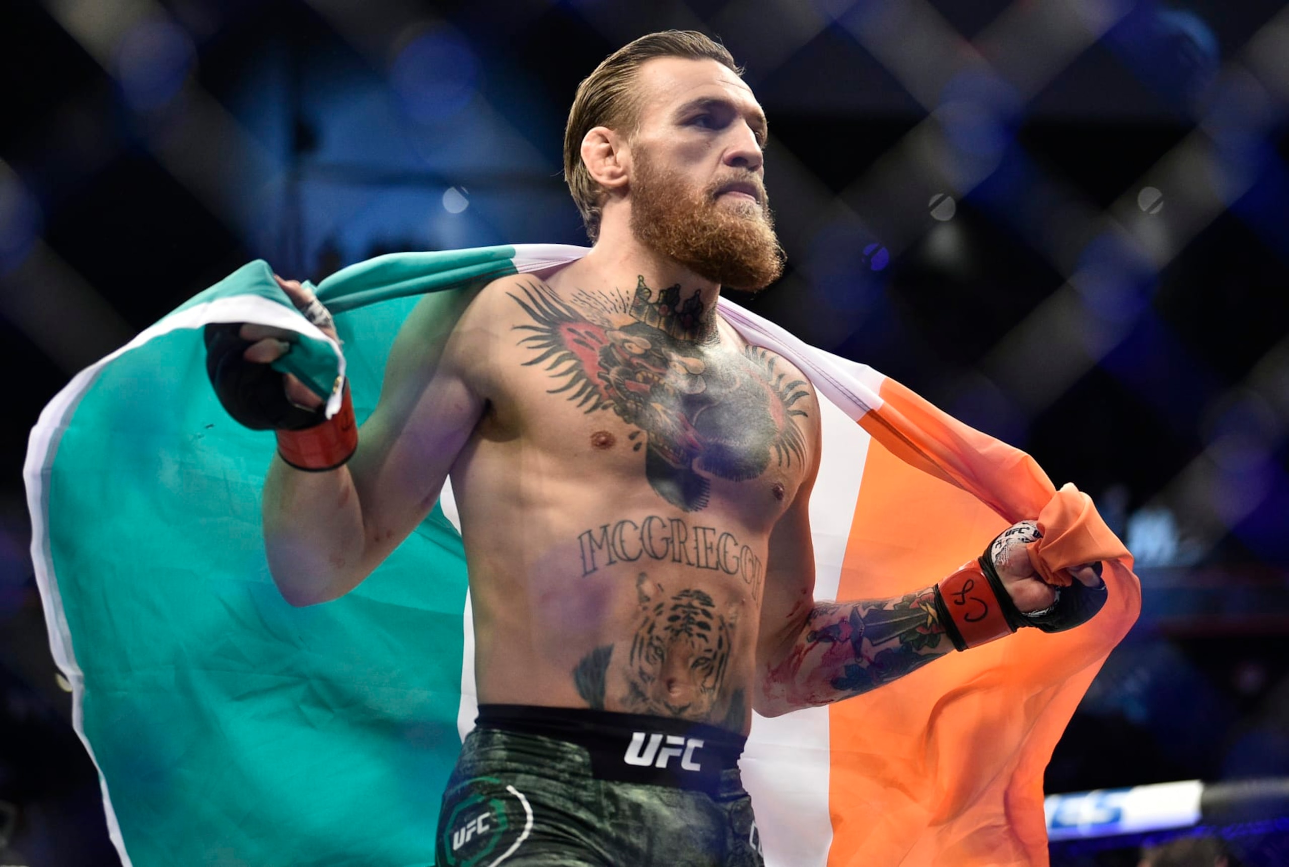 LAS VEGAS, NEVADA - JANUARY 18: Conor McGregor of Ireland celebrates after knocking out Donald Cerrone in their welterweight fight during the UFC 246 event at T-Mobile Arena on January 18, 2020 in Las Vegas, Nevada. (Photo by Chris Unger/Zuffa LLC)
